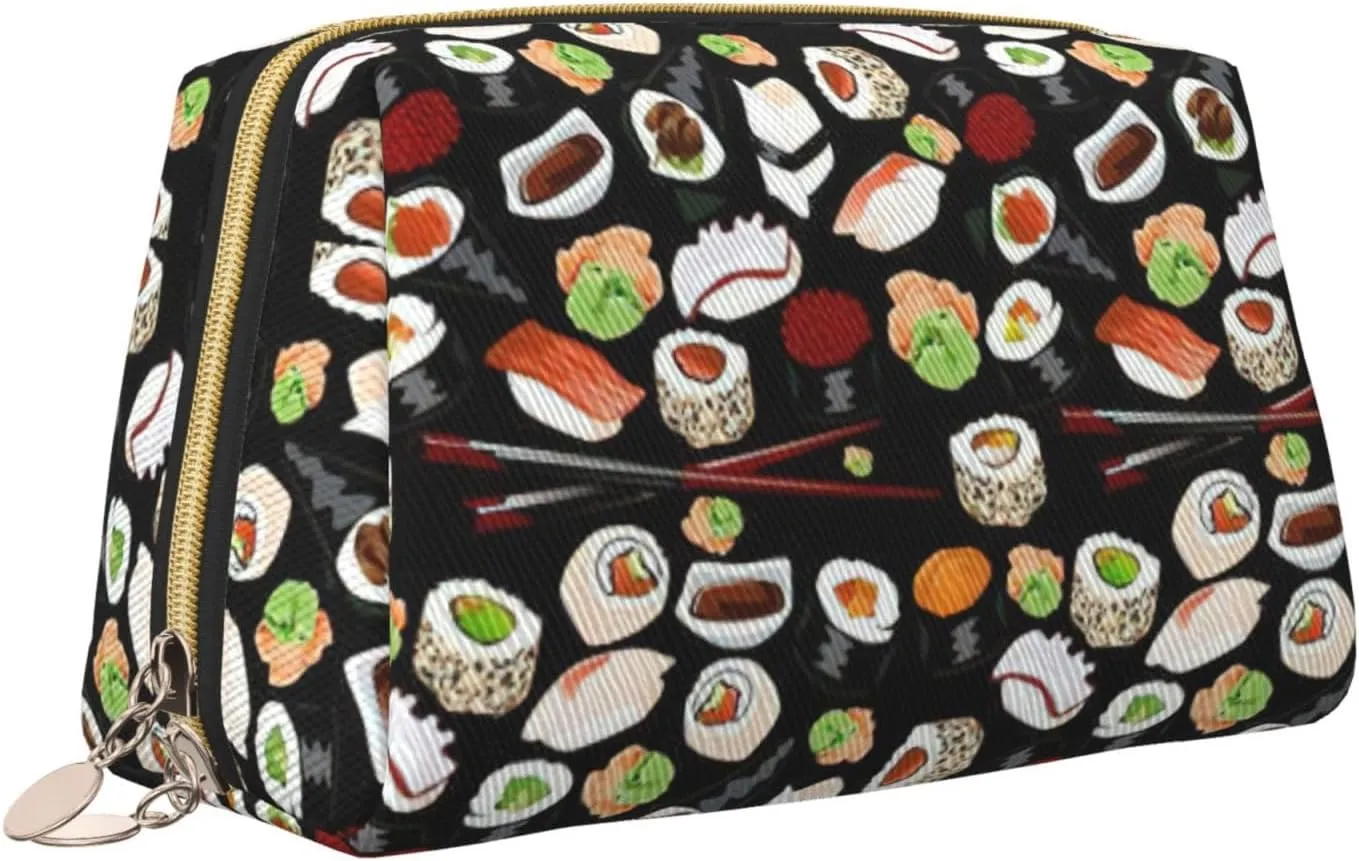 Japanese Sushi Black Toiletry Pouch, Travel-Friendly Makeup Organizer For Makeup Brushes, Lipsticks