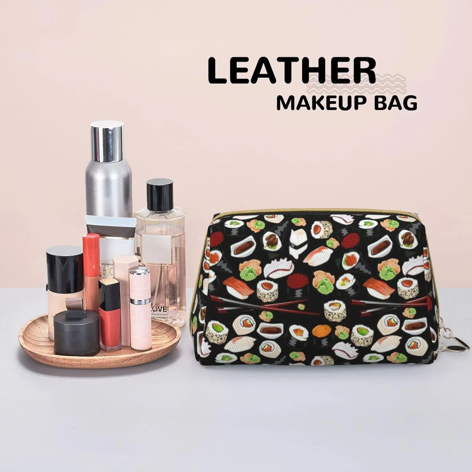 Japanese Sushi Black Toiletry Pouch, Travel-Friendly Makeup Organizer For Makeup Brushes, Lipsticks
