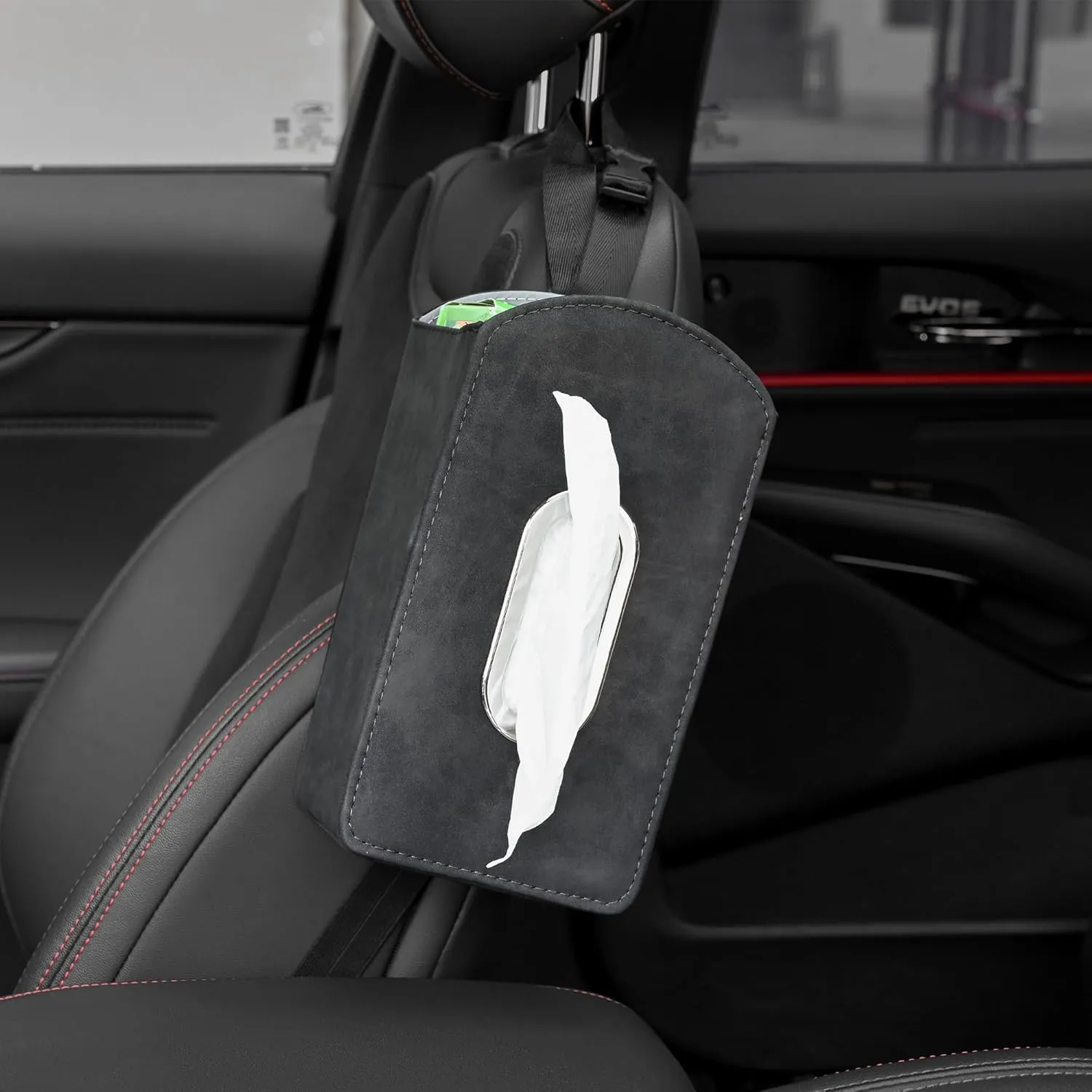 JEYODA Car Seat Organizer,Suede Leather Tissue Holder fit for Kleenex tissues, Car Seat Side Organizer for 120 Sheet Napkin, Drink, Phone, etc (Black)