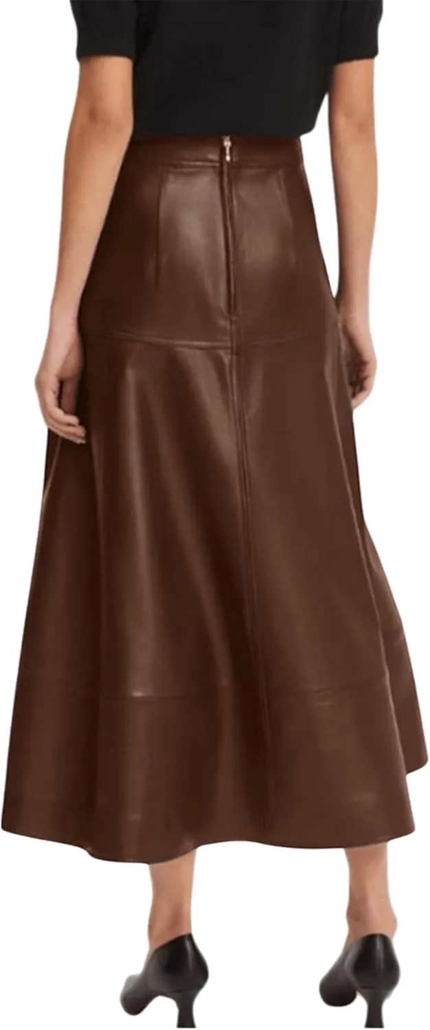 Jild Real Lambskin Leather Skirts for Women High Waist Classical Mid Length Going Out Skirt with Stylish Patchwork