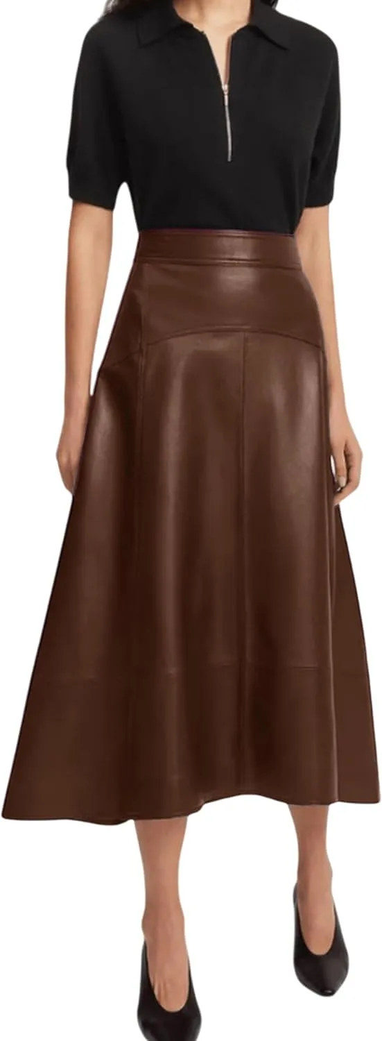 Jild Real Lambskin Leather Skirts for Women High Waist Classical Mid Length Going Out Skirt with Stylish Patchwork