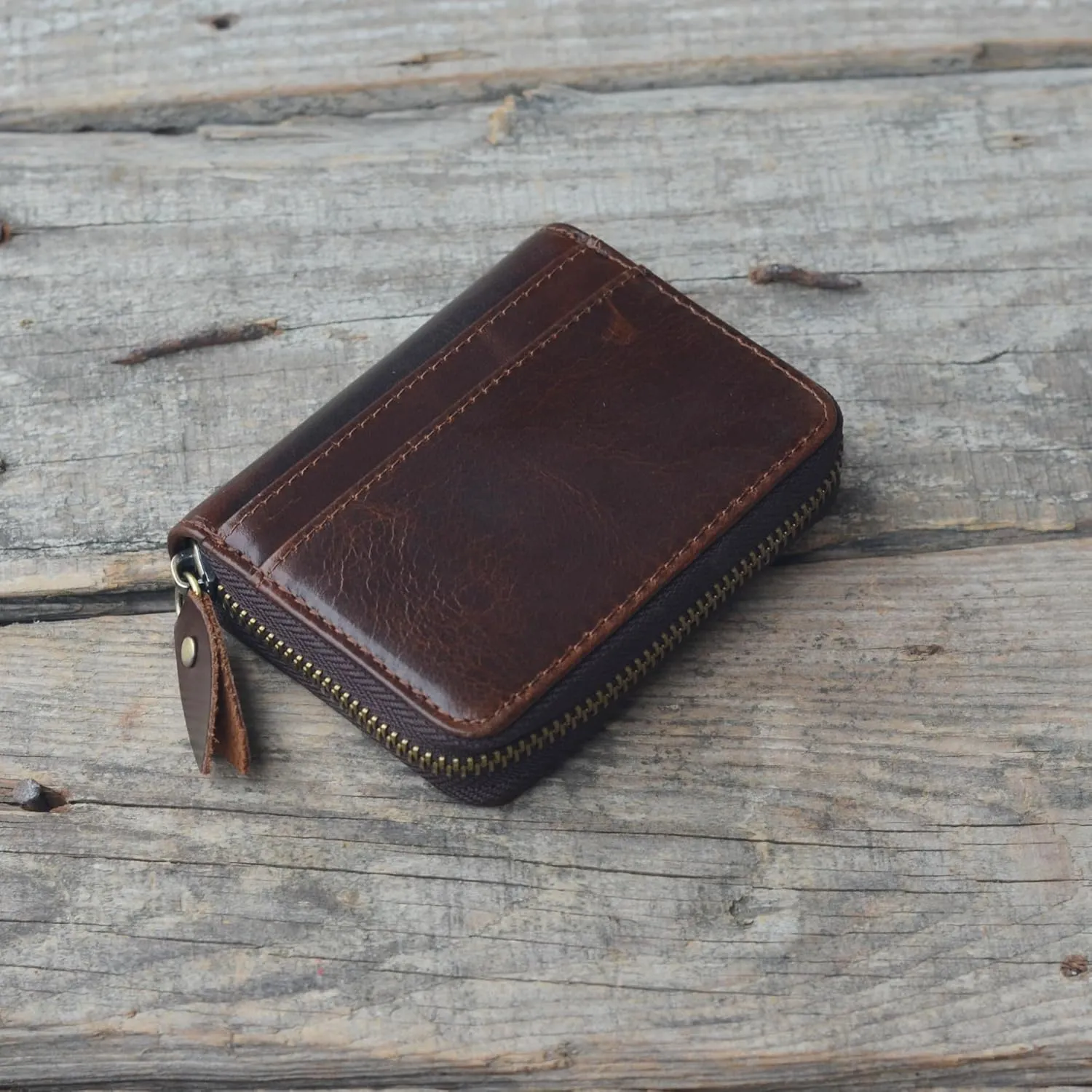 JJNUSA Men Minimalist Leather Wallet Card Holder Distressed Gifts Zipper bag