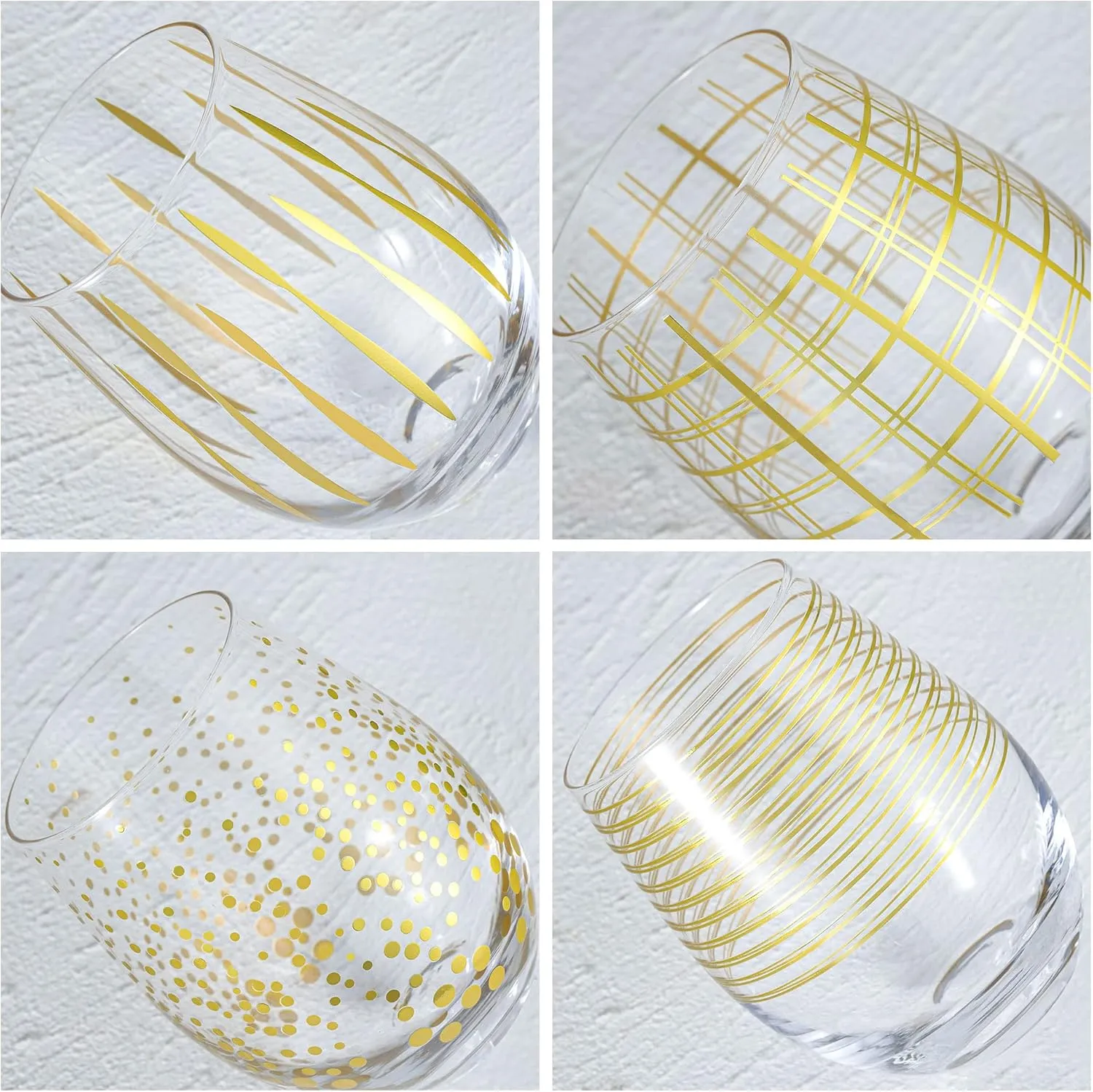Joeyan Hand Blown Stemless Wine Glasses with Gold Dots Swirls Grids Strips Pattern for Red White Wine,Large Drinking Glass Cups,Wine Glass Tumblers for Wedding Party Home,Set of 4,17.5 oz