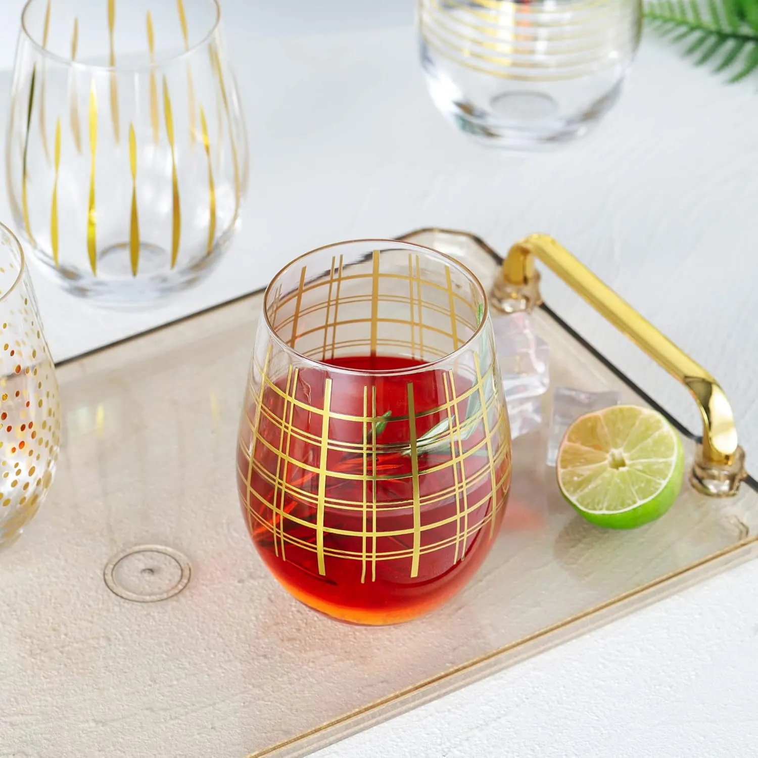Joeyan Hand Blown Stemless Wine Glasses with Gold Dots Swirls Grids Strips Pattern for Red White Wine,Large Drinking Glass Cups,Wine Glass Tumblers for Wedding Party Home,Set of 4,17.5 oz
