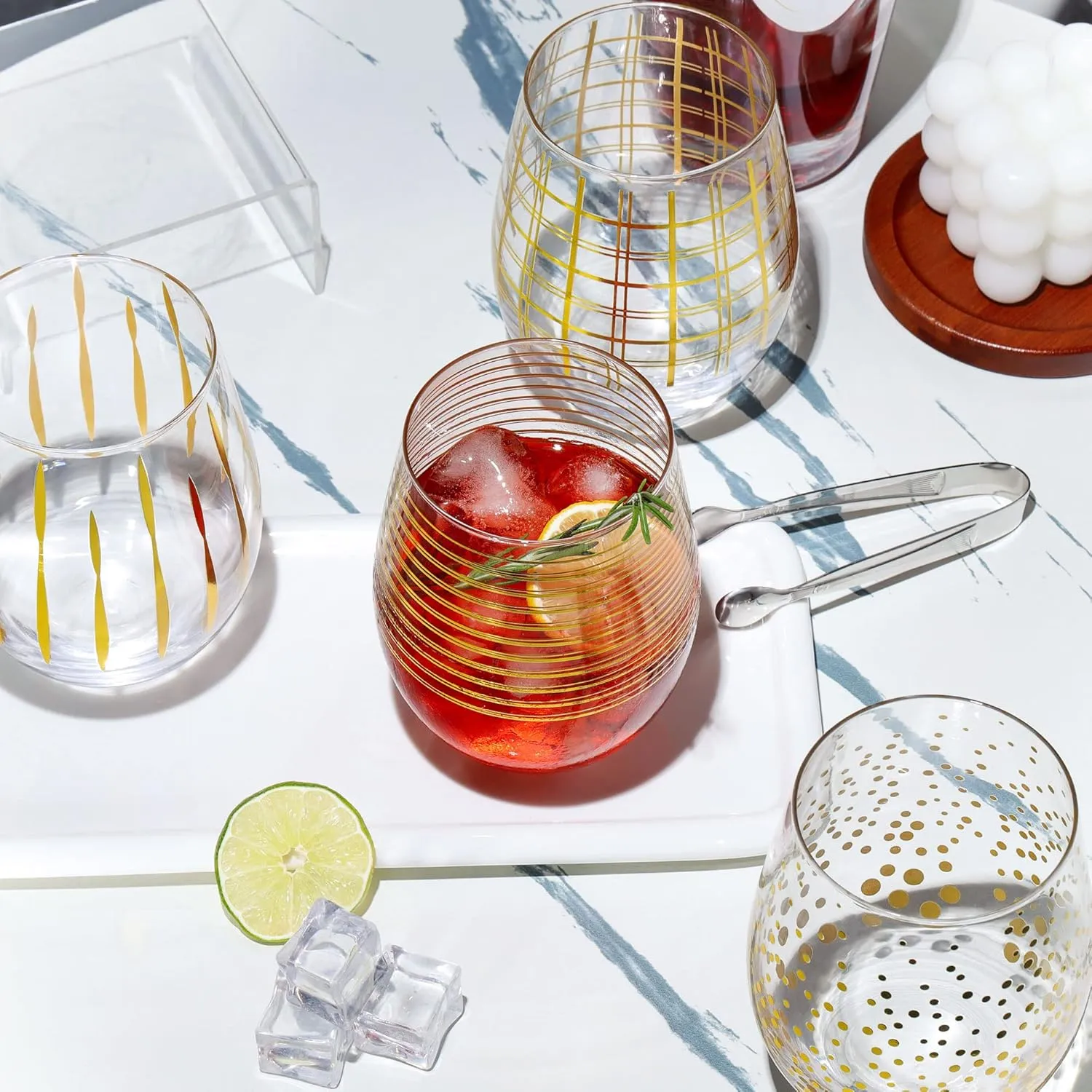 Joeyan Hand Blown Stemless Wine Glasses with Gold Dots Swirls Grids Strips Pattern for Red White Wine,Large Drinking Glass Cups,Wine Glass Tumblers for Wedding Party Home,Set of 4,17.5 oz