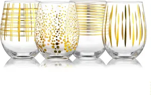 Joeyan Hand Blown Stemless Wine Glasses with Gold Dots Swirls Grids Strips Pattern for Red White Wine,Large Drinking Glass Cups,Wine Glass Tumblers for Wedding Party Home,Set of 4,17.5 oz