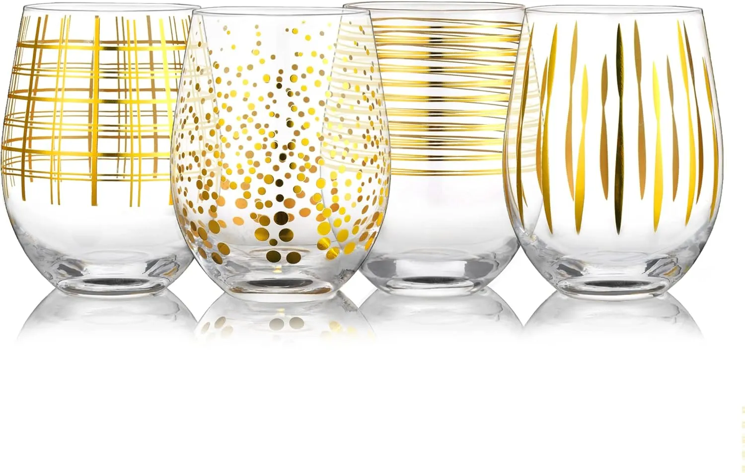 Joeyan Hand Blown Stemless Wine Glasses with Gold Dots Swirls Grids Strips Pattern for Red White Wine,Large Drinking Glass Cups,Wine Glass Tumblers for Wedding Party Home,Set of 4,17.5 oz
