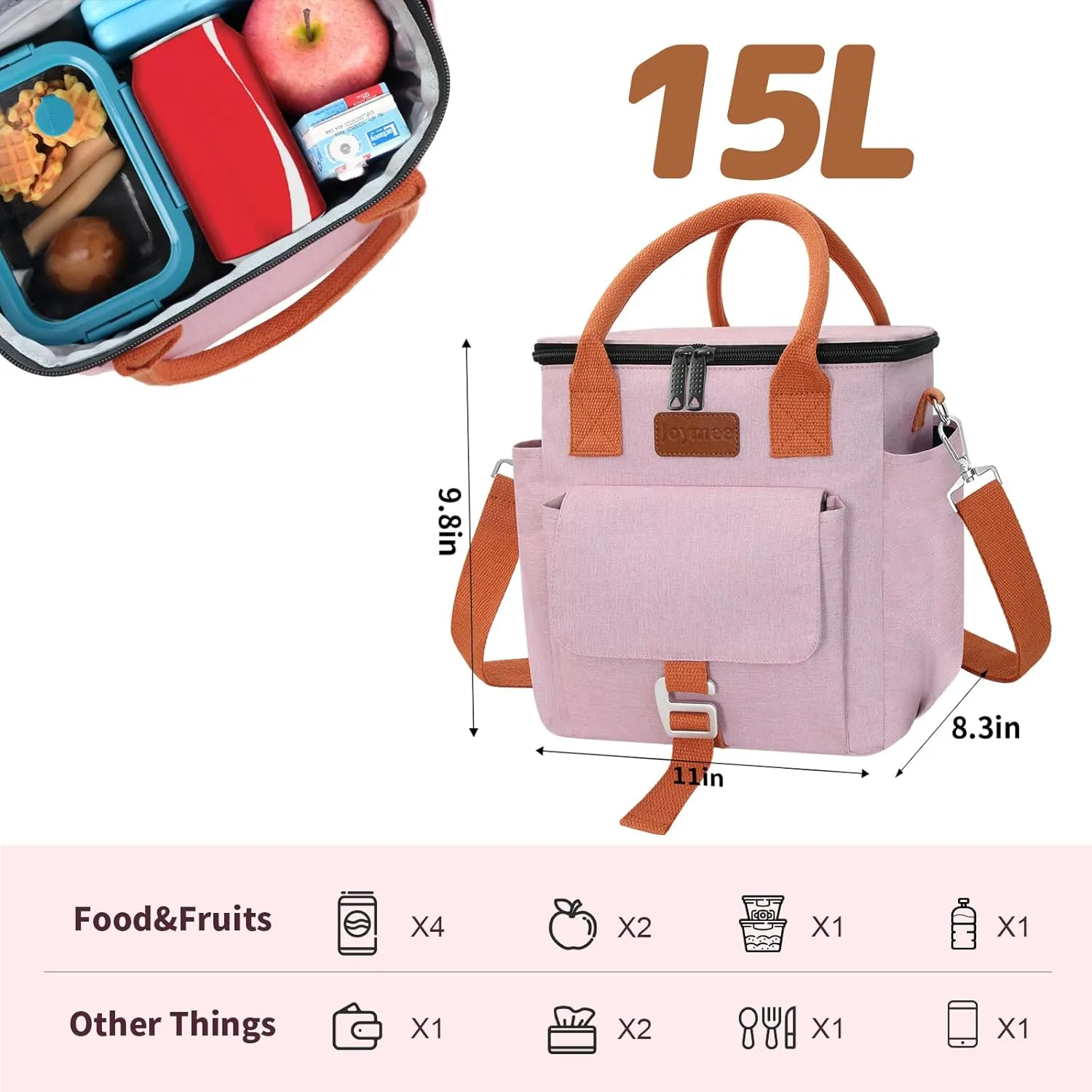 Joymee Insulated Lunch Bag for Women/Men, Waterproof Lunch Box for Office Work Picnic Beach, Reusable Large Leakproof Cooler Tote Bag with Adjustable Shoulder Strap & Side Pocket, Pink