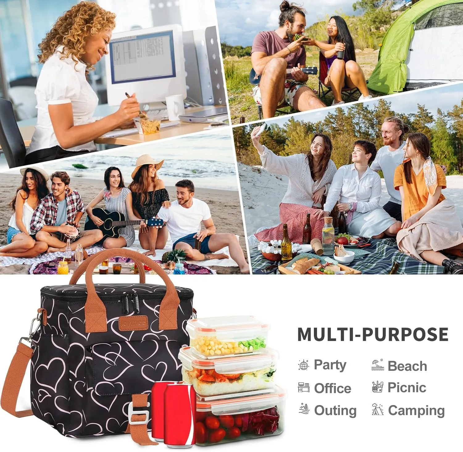 Joymee Large Insulated Lunch Bag for Women Adults, Reusable Waterproof Lunch Box for Work Picnic Camping, Small Lunch Cooler Leakproof Tote with Side Pocket Adjustable Shoulder Strap - Love Heart