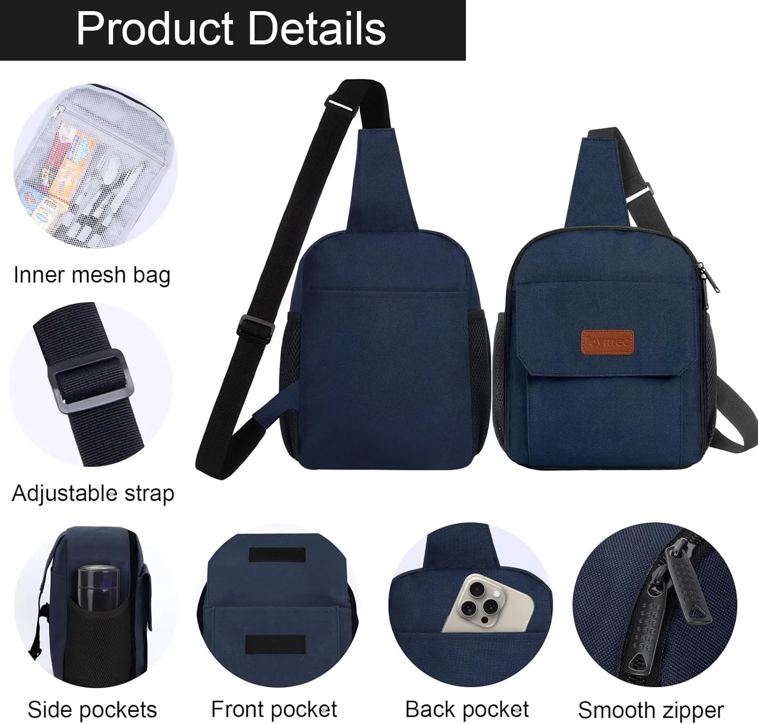 Joymee Sling Lunch Box Lunch Bag for Women Men Adult Portable Leakproof Reusable Insulated-Crossbody Lunchbox small Cooler with Shoulder Strap Side Pockets Front Pocket for Work Travel - Navy Blue