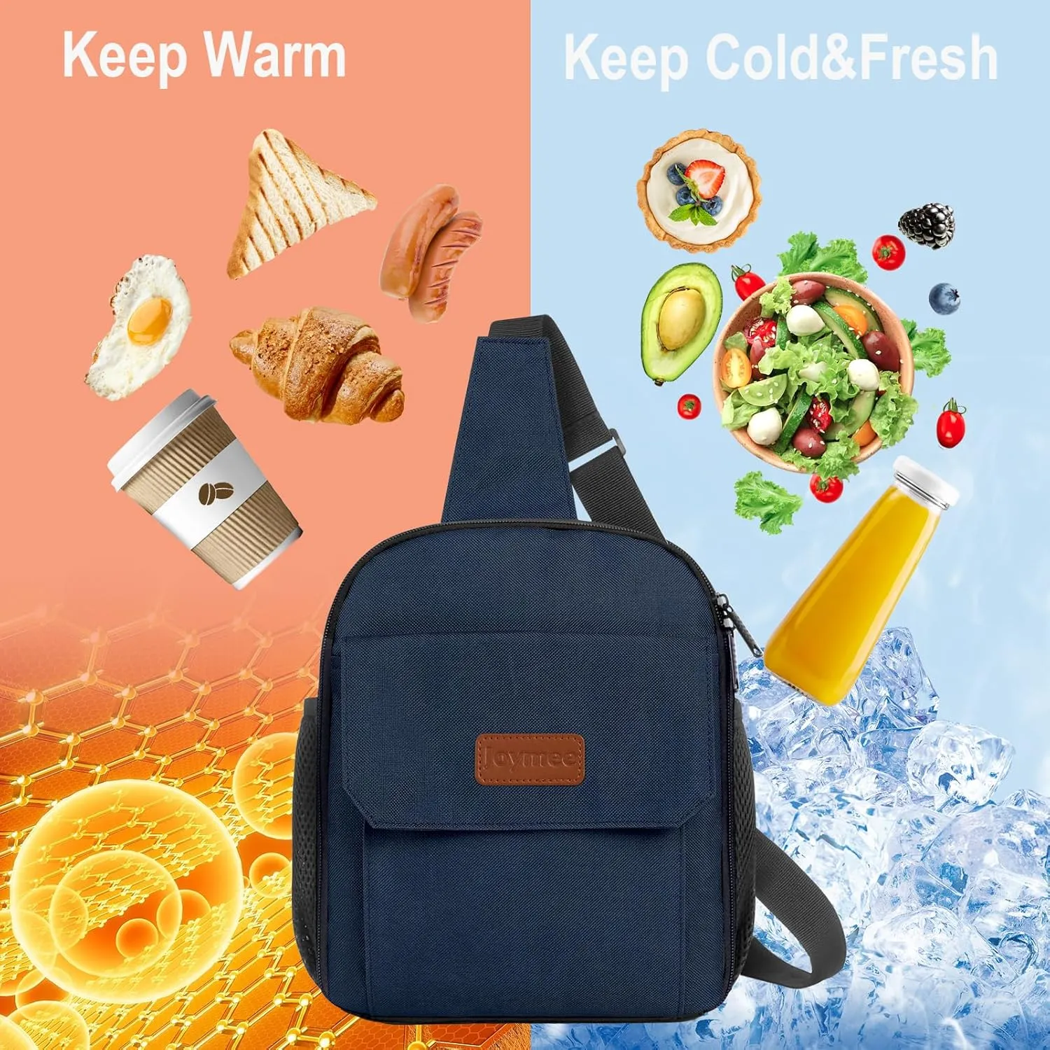 Joymee Sling Lunch Box Lunch Bag for Women Men Adult Portable Leakproof Reusable Insulated-Crossbody Lunchbox small Cooler with Shoulder Strap Side Pockets Front Pocket for Work Travel - Navy Blue