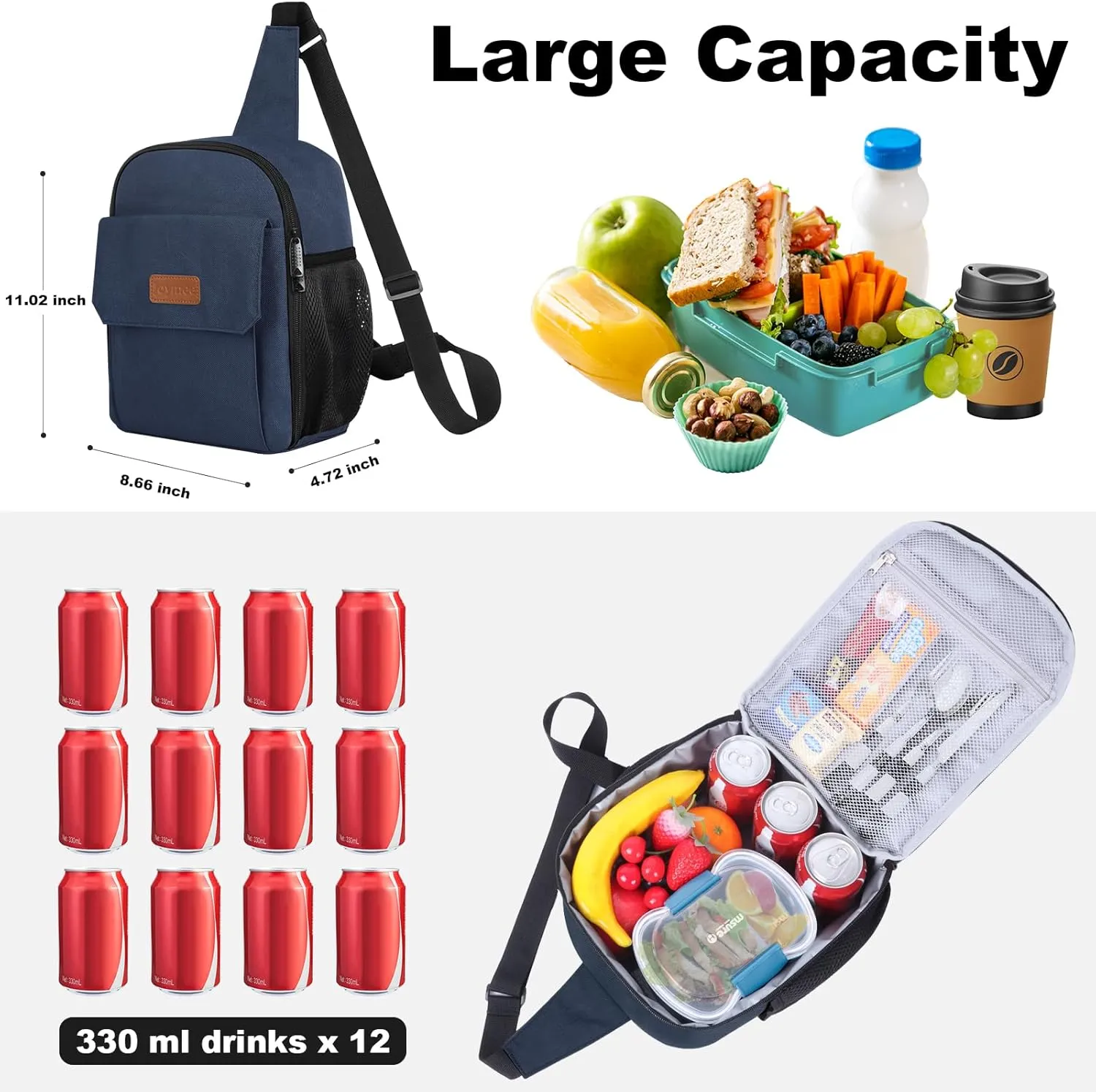 Joymee Sling Lunch Box Lunch Bag for Women Men Adult Portable Leakproof Reusable Insulated-Crossbody Lunchbox small Cooler with Shoulder Strap Side Pockets Front Pocket for Work Travel - Navy Blue