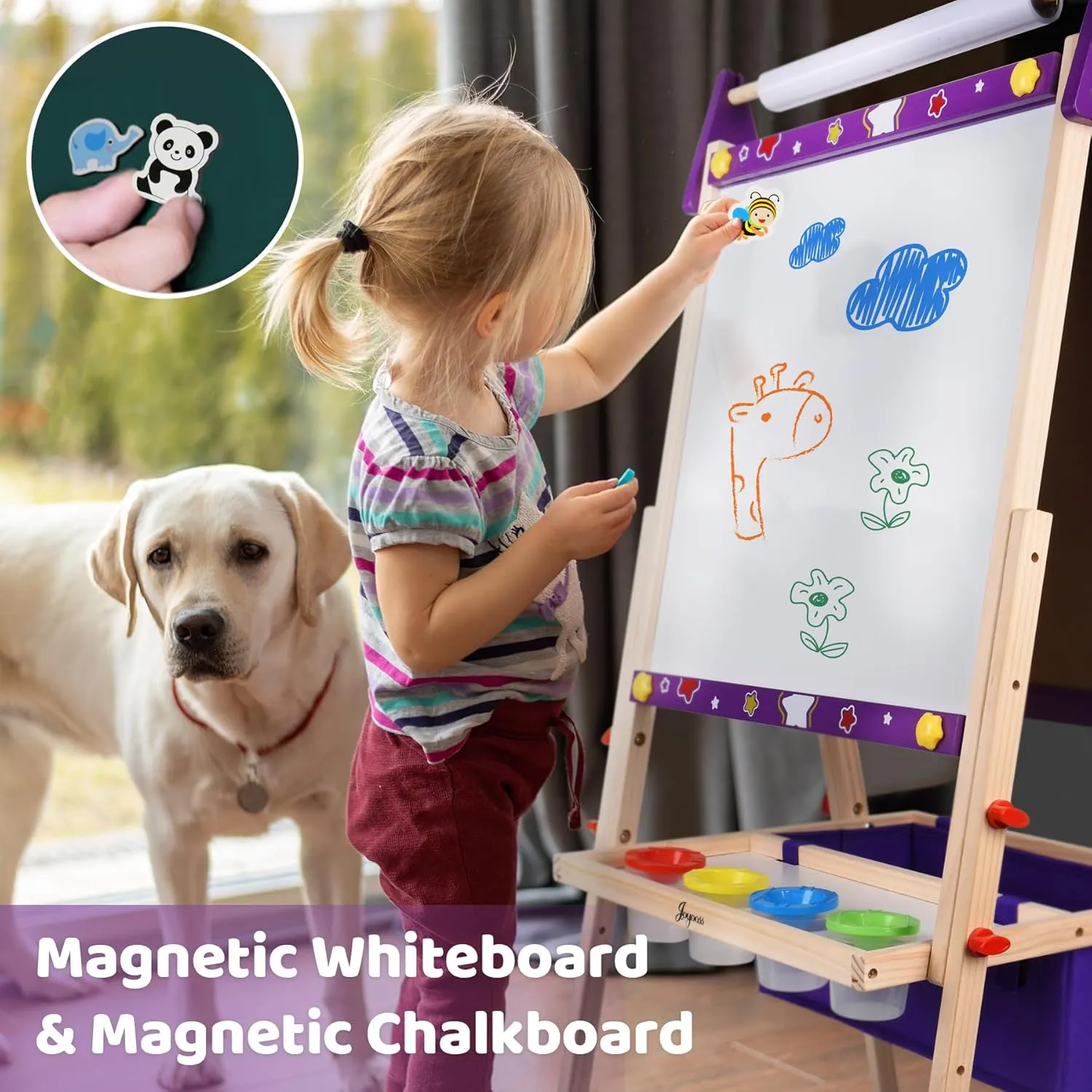 Joyooss Art Easel for Toddlers, Adjustable Standing Wooden Easel - Whiteboard & Chalkboard, Dry Erase Board for Kids Age 2-12