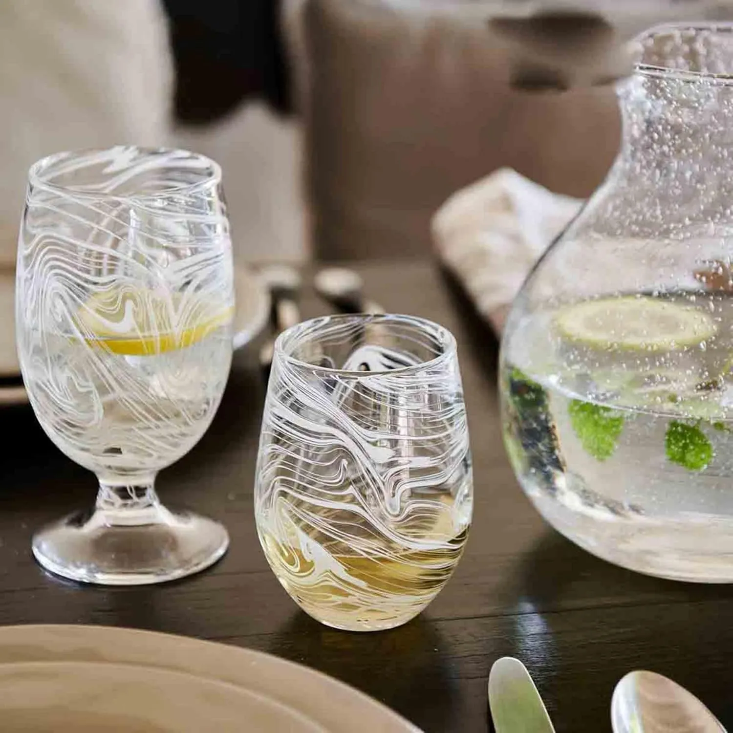 Juliska Puro Marbled Glasses (White, Stemless Wine Glass)