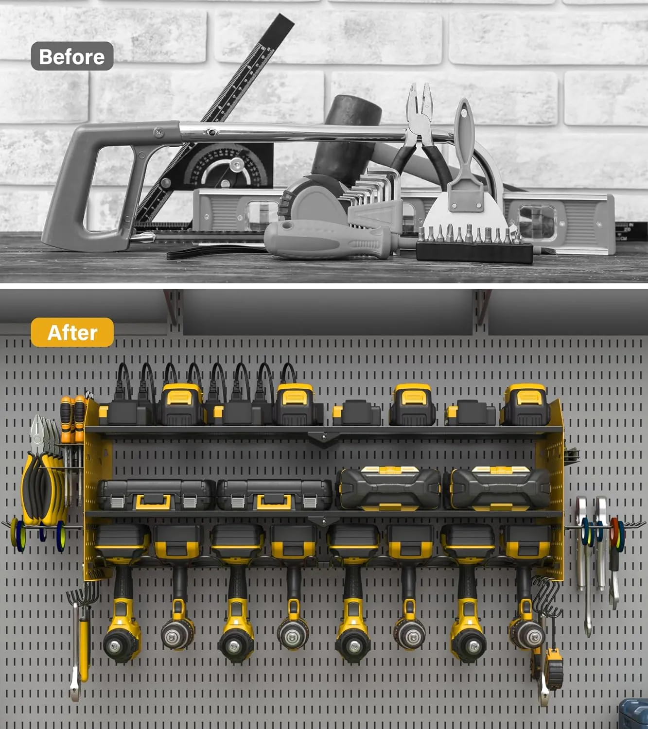 JUNNUJ Large Pegboard Power Tool Organizer with Charging Station, 8 Drills Driver and Tools Battery Holder Wall Mount with 8 Outlet Power Strip, Yellow 3-Layer Shop Garage Storage Utility Rack