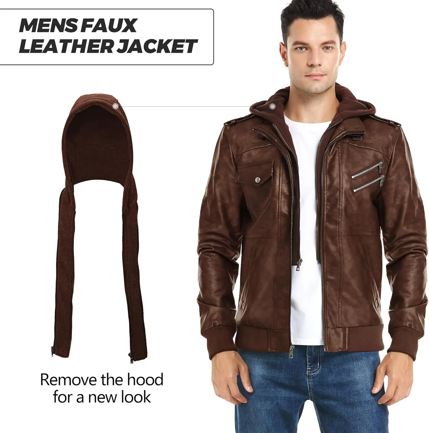 JYG Men's Faux Leather Jacket Stand Collar Motorcycle Bomber Jackets with Removable Hood