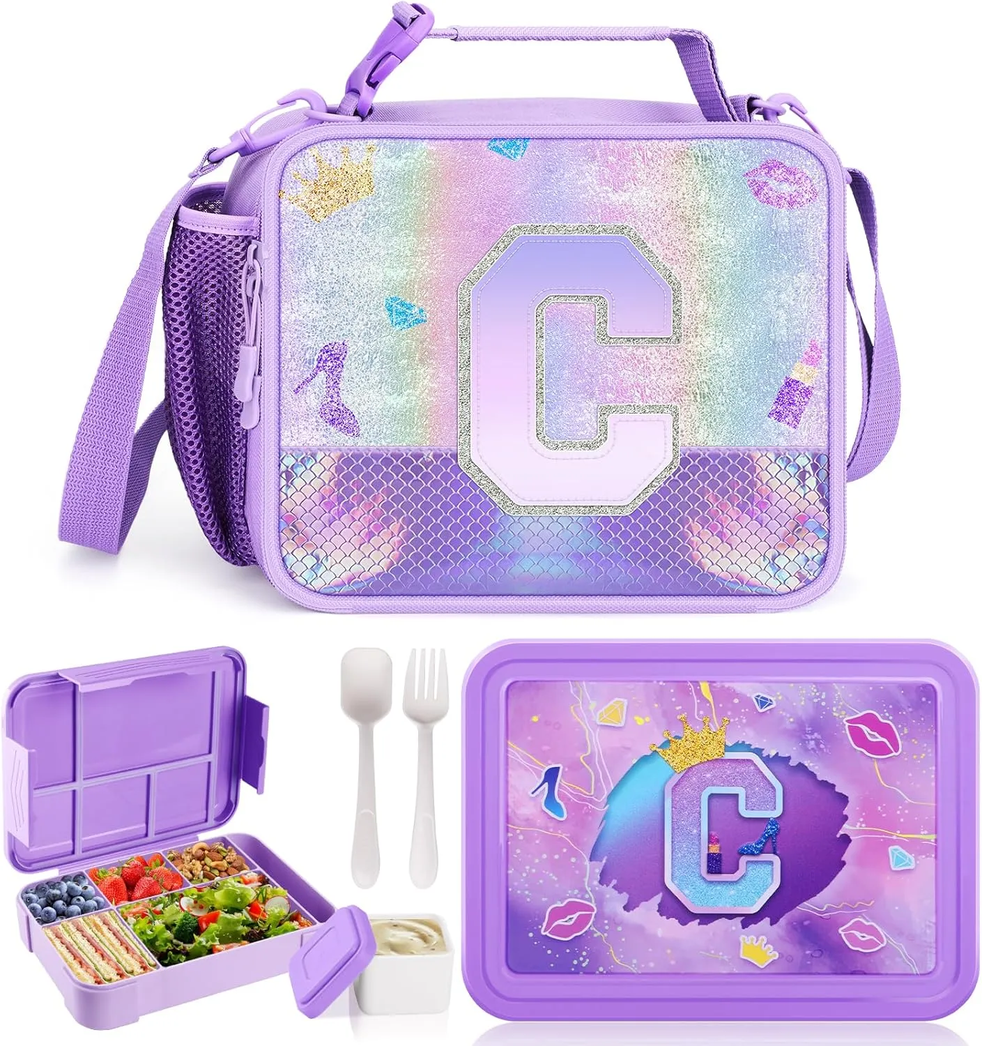 JYPS Bento Box for Kids with Leak-proof Insulated Lunch Bag,BPA Free Kids Lunch Box with 6 Compartment,Salad Container,Utensils,Perfect Lunchbox for Girls and Toddlers Back to School (Purple C)