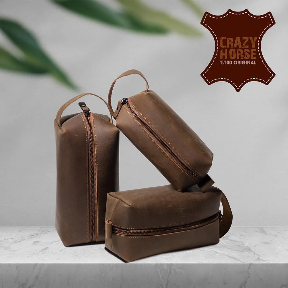 KAAL Crazy Horse Genuine Leather Toiletry Bag, Toiletry Bag for Men, Dopp Kit for Men, Toiletry Bag for Women, Travel Toiletry Organizer Dopp Kit Shaving Bag for Accessories (Tan, Large)