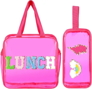 Kacctyen 2 Pcs Hot Pink Clear Reusable Lunch Bag with Rainbow Pen Case Nylon Letter Large Insulated PVC Preppy Lunch Bag with Handle Strap for Women School Travel Picnic