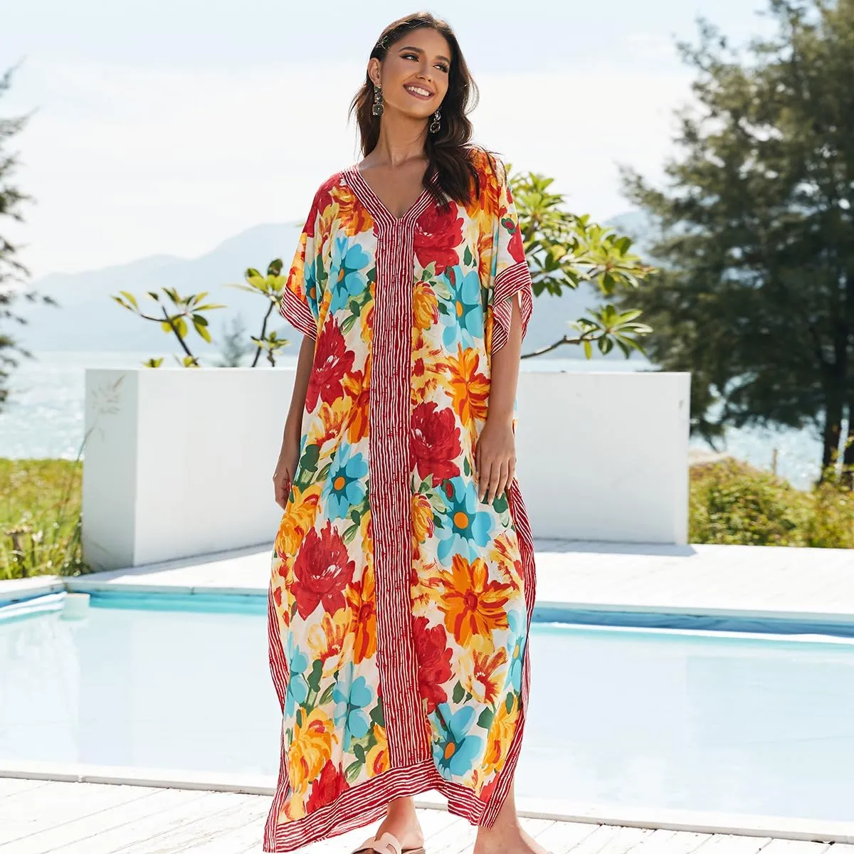 kaftan dresses for women Ethnic Print Kaftan Beach Dress Plus Size Swimsuit Cover Up