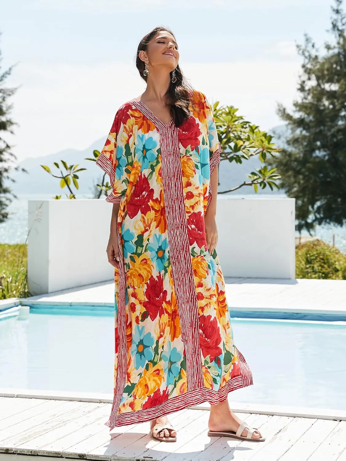 kaftan dresses for women Ethnic Print Kaftan Beach Dress Plus Size Swimsuit Cover Up