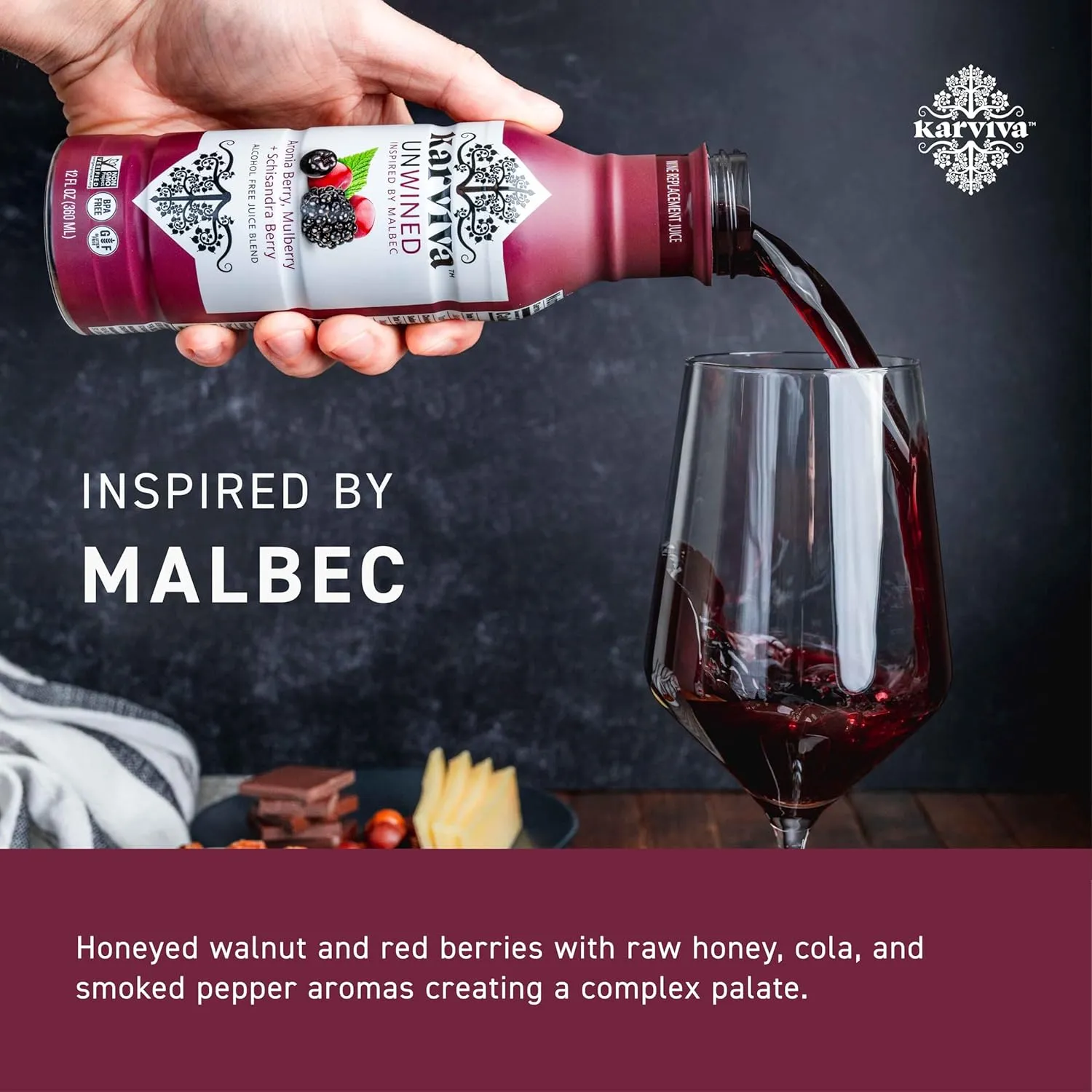 Karviva Unwined Non-Alcoholic Wine Alternative – Low-Sugar Organic Malbec with Herbal Anti-Inflammatory Blend, Sulfite-Free, Perfect for Mocktails & Cocktails (4 BPA-Free Bottles, 12 oz Each)