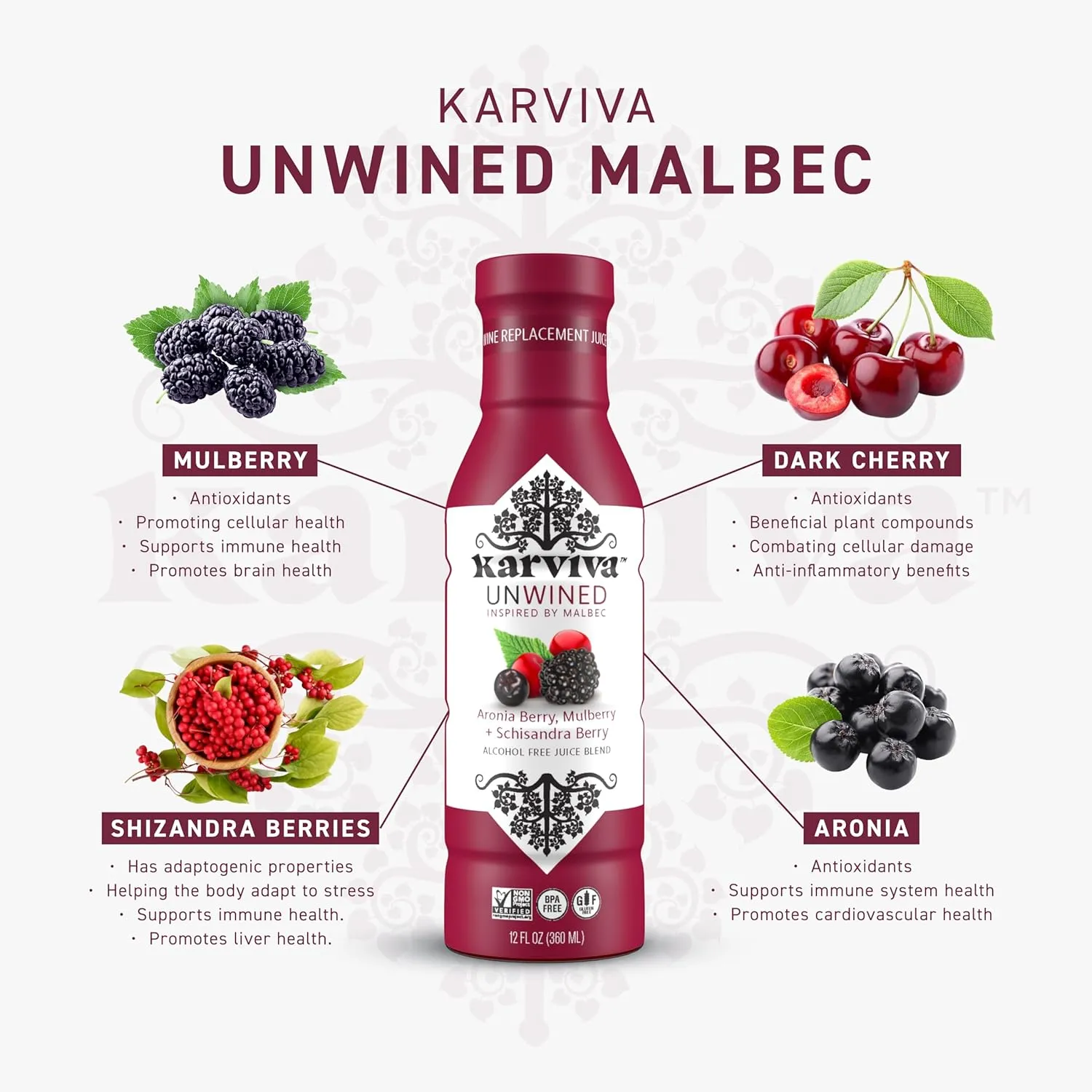 Karviva Unwined Non-Alcoholic Wine Alternative – Low-Sugar Organic Malbec with Herbal Anti-Inflammatory Blend, Sulfite-Free, Perfect for Mocktails & Cocktails (4 BPA-Free Bottles, 12 oz Each)