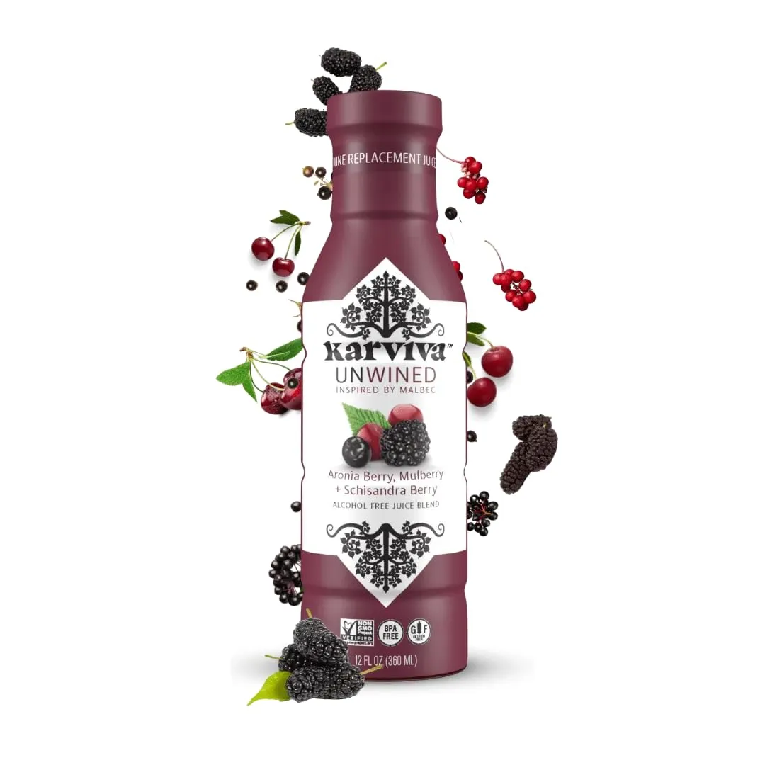 Karviva Unwined Non-Alcoholic Wine Alternative – Low-Sugar Organic Malbec with Herbal Anti-Inflammatory Blend, Sulfite-Free, Perfect for Mocktails & Cocktails (4 BPA-Free Bottles, 12 oz Each)