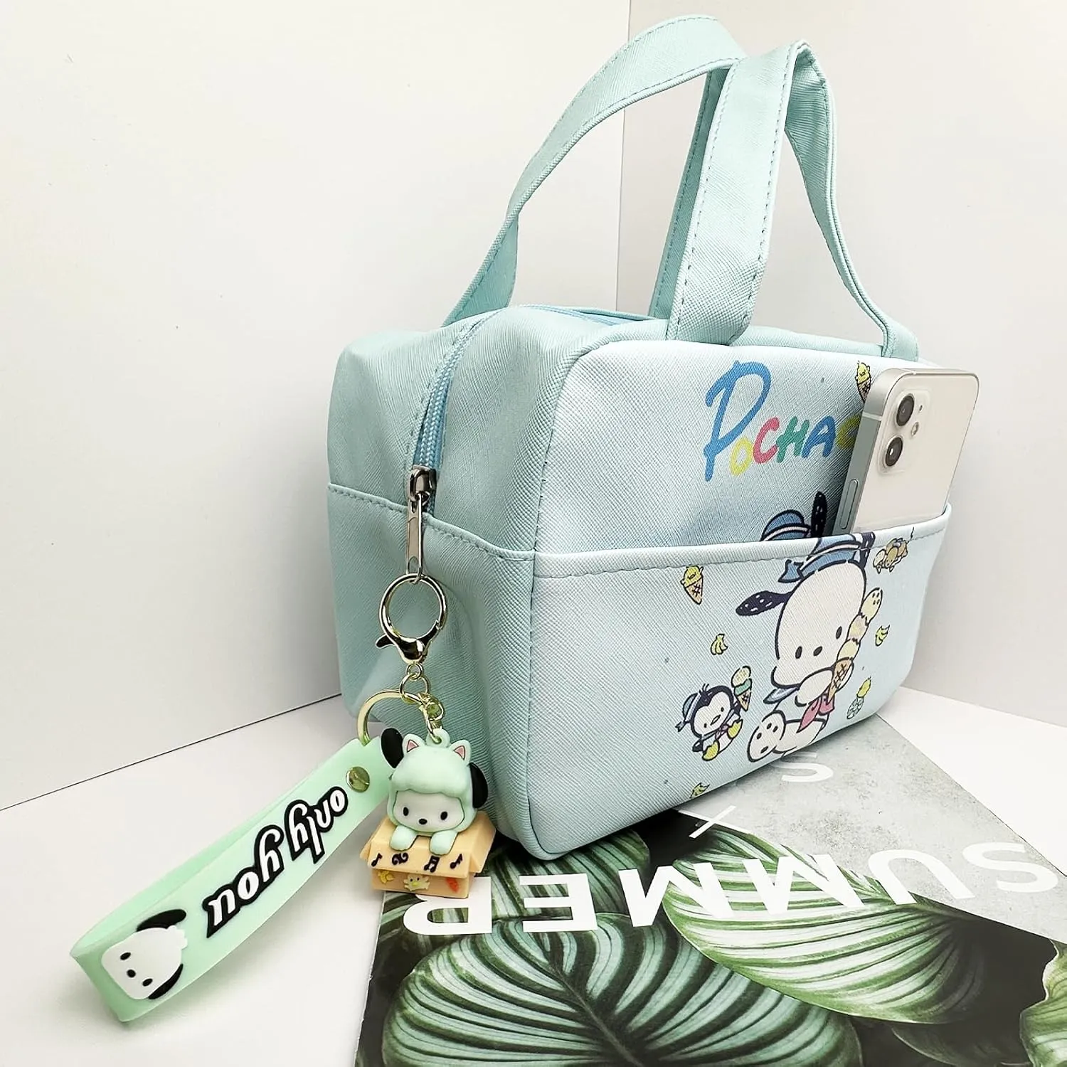Kawaii Insulated Lunch Bag for Women, Reusable Large Capacity Lunch Box, Leakproof Lunch Tote Bag with Front Pocket, Lunchbox Container Thermal Cooler Bag Food Handbags for Work Office Travel Picnic