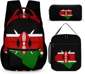 Kenya Flag Map Backpack Set 3 Pieces Laptop Daypack Insulated Lunch Tote Bag Pencil Case for Work Travel
