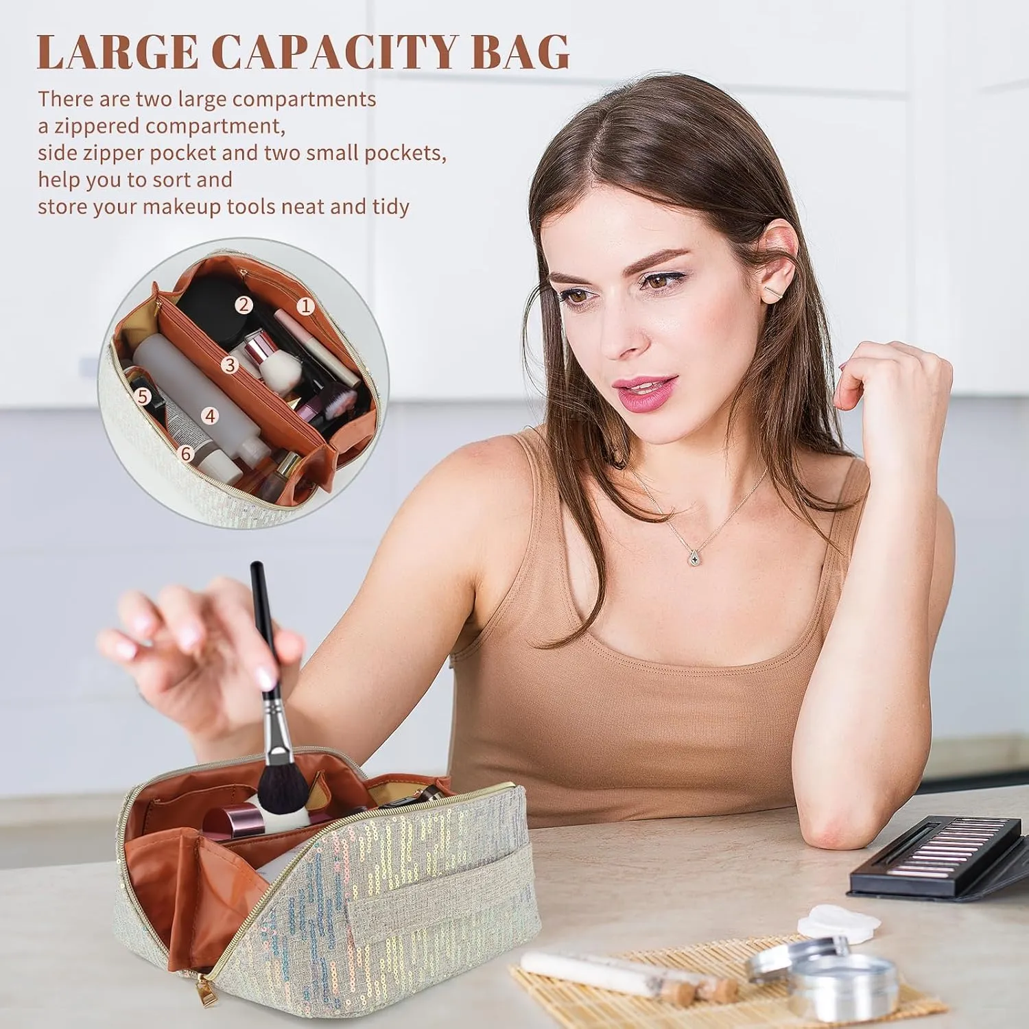 KEYPOWER Large Capacity Glitter Sequin Cosmetic Bag Travel Makeup Bag Sparkly and Shiny Handle Portable Toiletry Bag with Glitter Small Wallet for Women (Beige)