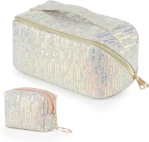 KEYPOWER Large Capacity Glitter Sequin Cosmetic Bag Travel Makeup Bag Sparkly and Shiny Handle Portable Toiletry Bag with Glitter Small Wallet for Women (Beige)