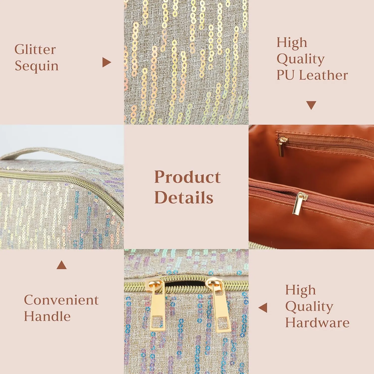 KEYPOWER Large Capacity Glitter Sequin Cosmetic Bag Travel Makeup Bag Sparkly and Shiny Handle Portable Toiletry Bag with Glitter Small Wallet for Women (Beige)