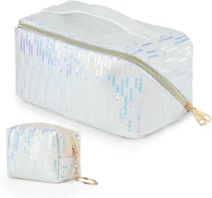KEYPOWER Large Capacity Glitter Sequin Cosmetic Bag Travel Makeup Bag Sparkly and Shiny Handle Portable Toiletry Bag with Glitter Small Wallet for Women (White)