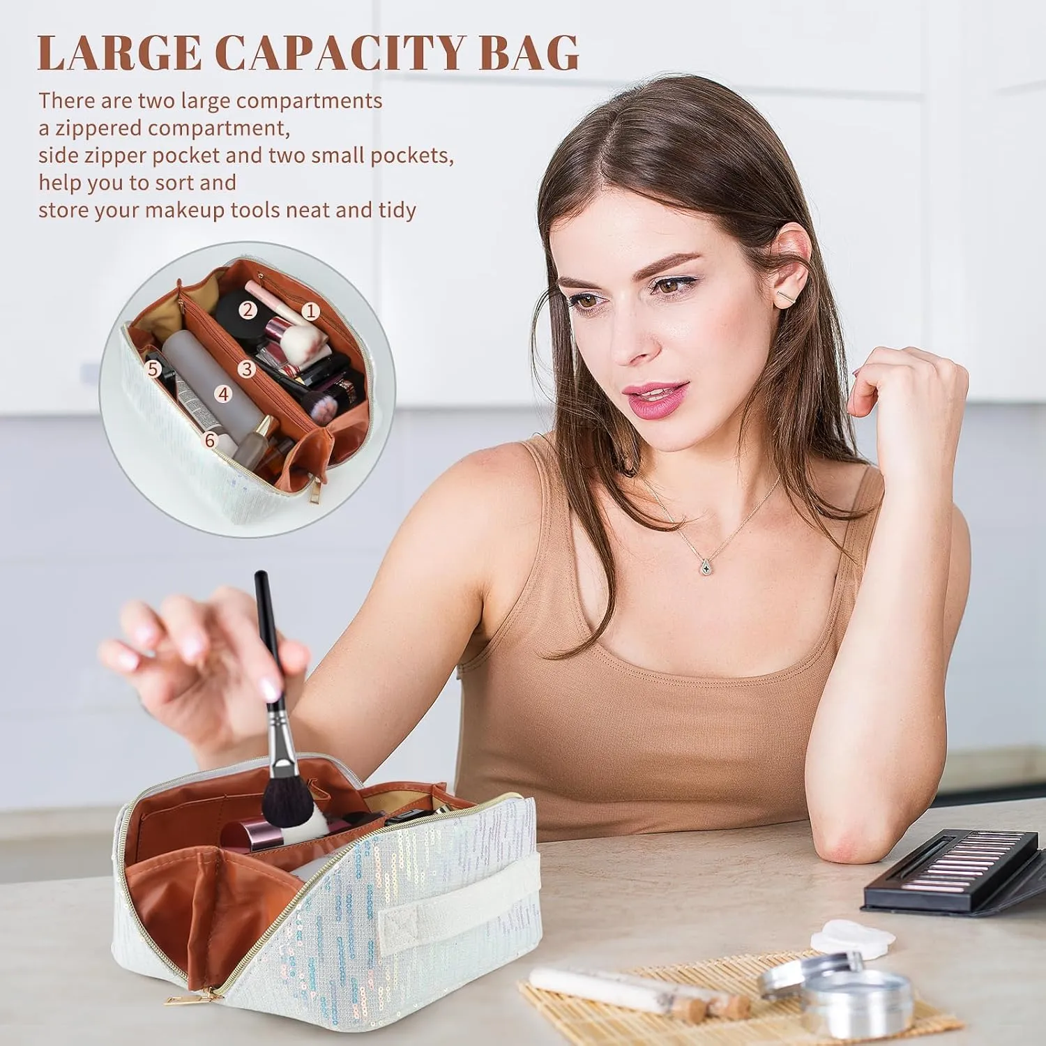 KEYPOWER Large Capacity Glitter Sequin Cosmetic Bag Travel Makeup Bag Sparkly and Shiny Handle Portable Toiletry Bag with Glitter Small Wallet for Women (White)