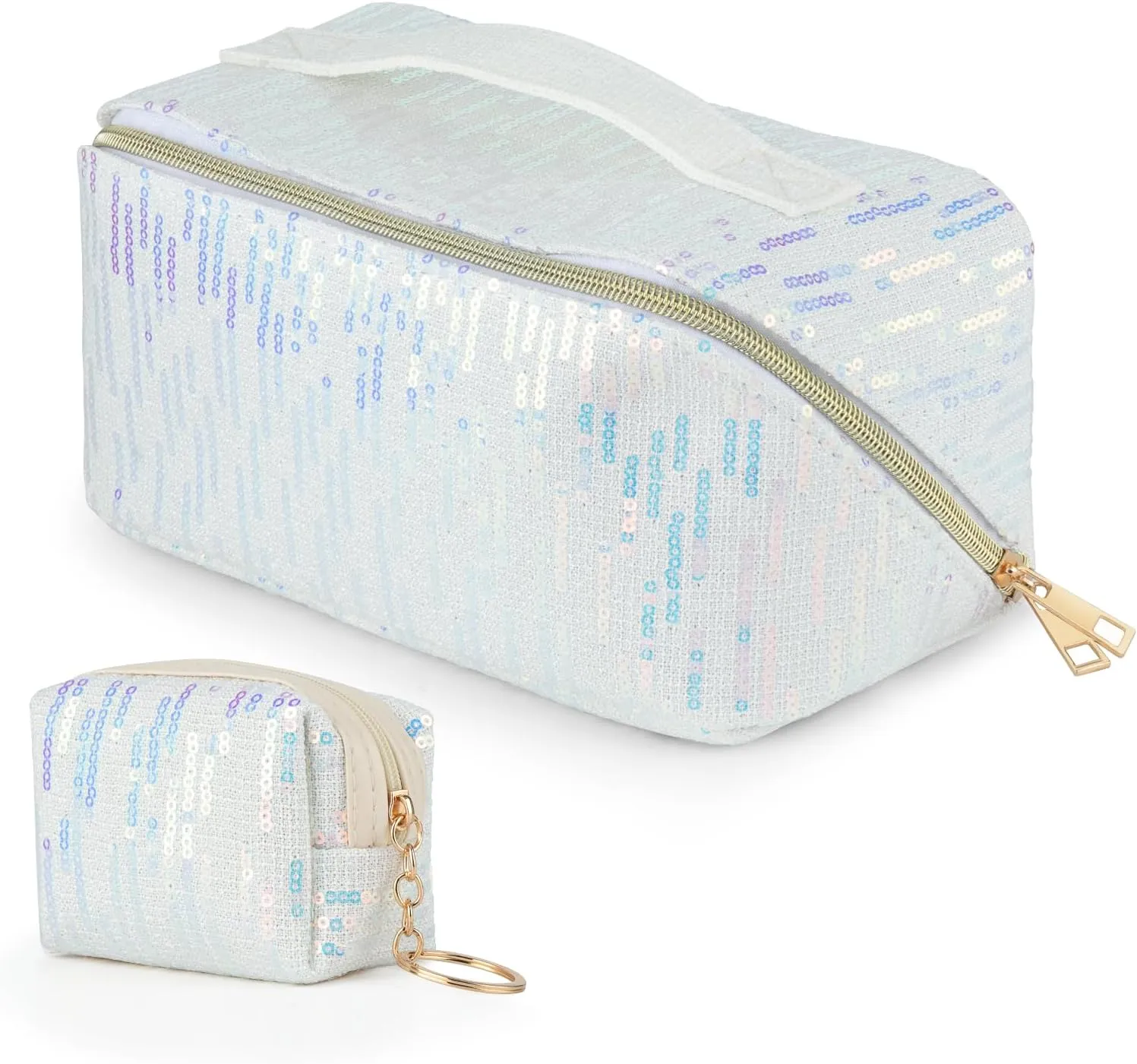 KEYPOWER Large Capacity Glitter Sequin Cosmetic Bag Travel Makeup Bag Sparkly and Shiny Handle Portable Toiletry Bag with Glitter Small Wallet for Women (White)