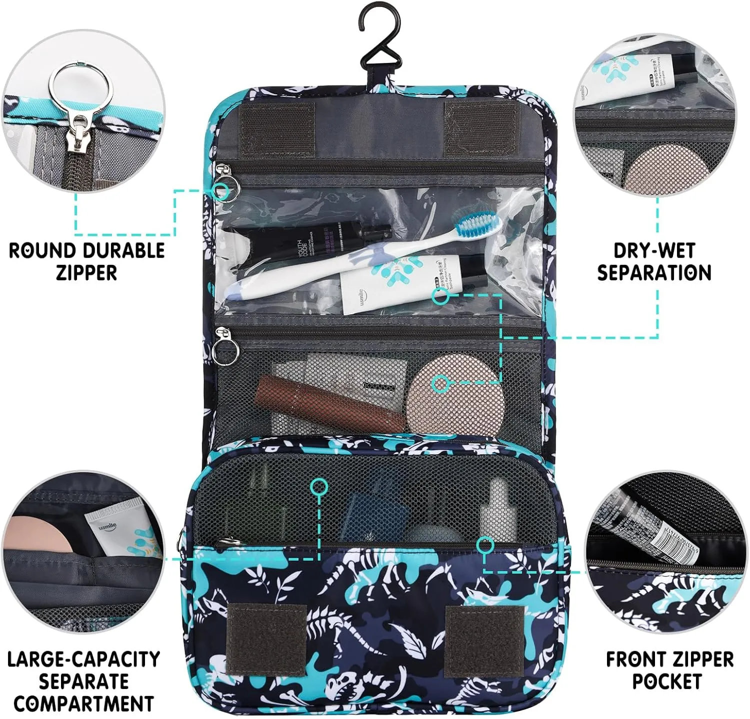 Kids Hanging Toiletry Bag for Boys, Travel Toiletry Bag for Little Young Boys Waterproof Wash Bag Toddler Traveling Toiletries, Dinosaur Black