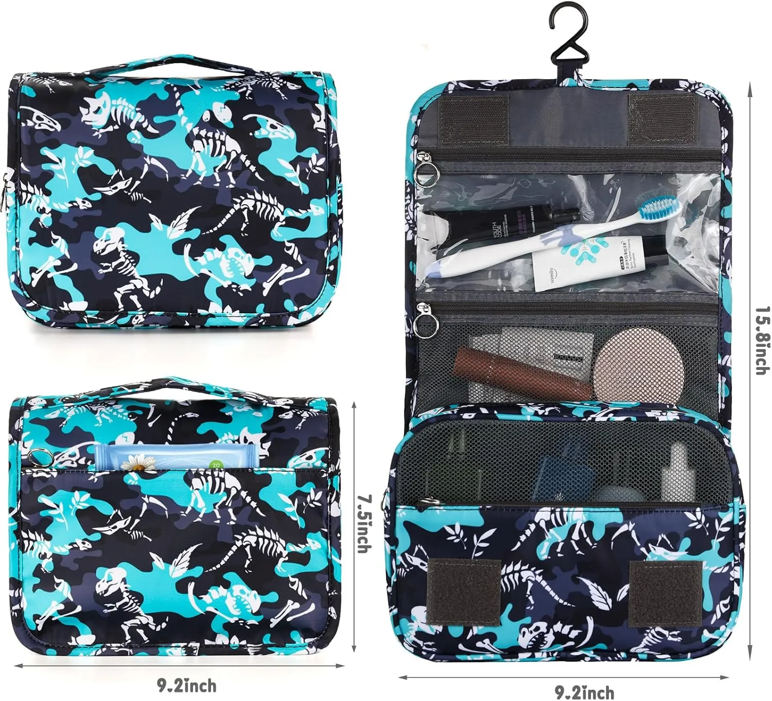 Kids Hanging Toiletry Bag for Boys, Travel Toiletry Bag for Little Young Boys Waterproof Wash Bag Toddler Traveling Toiletries, Dinosaur Black