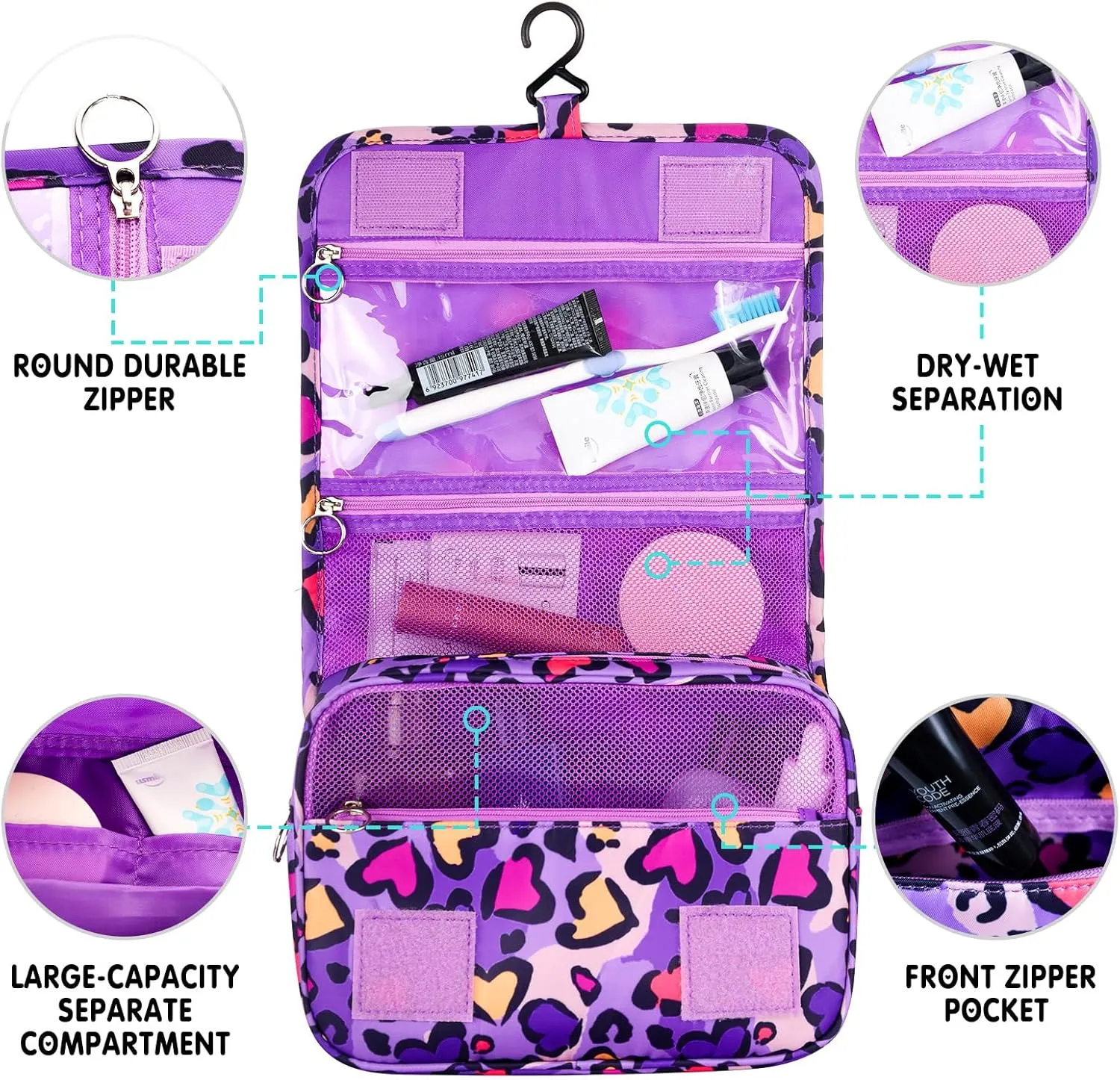 Kids Hanging Toiletry Bag for Girls, Travel Toiletry Bag for Little Young Girls Cosmetic Makeup Waterproof Wash Bag Toddler Traveling Toiletries, Leopard Purple