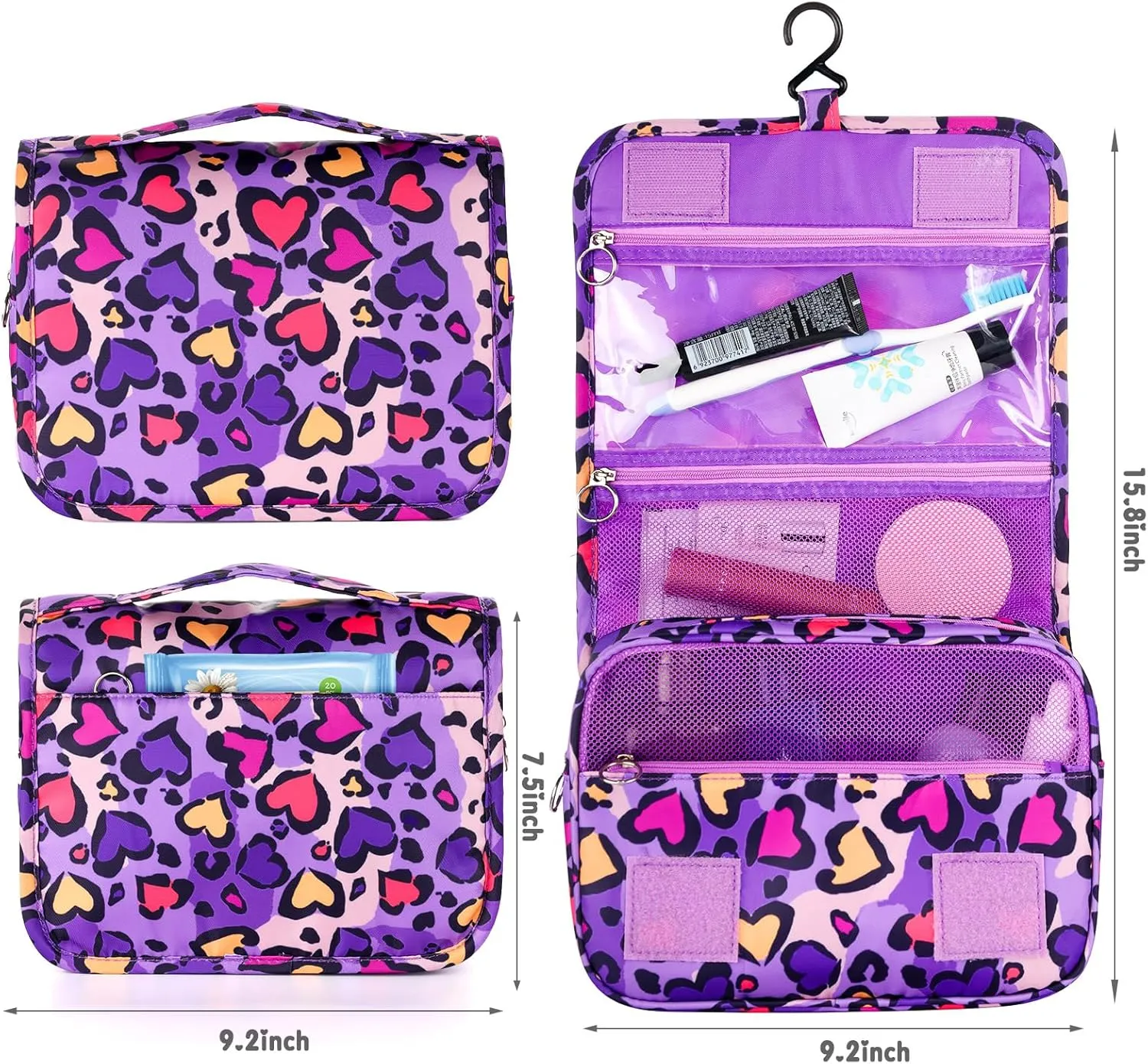 Kids Hanging Toiletry Bag for Girls, Travel Toiletry Bag for Little Young Girls Cosmetic Makeup Waterproof Wash Bag Toddler Traveling Toiletries, Leopard Purple