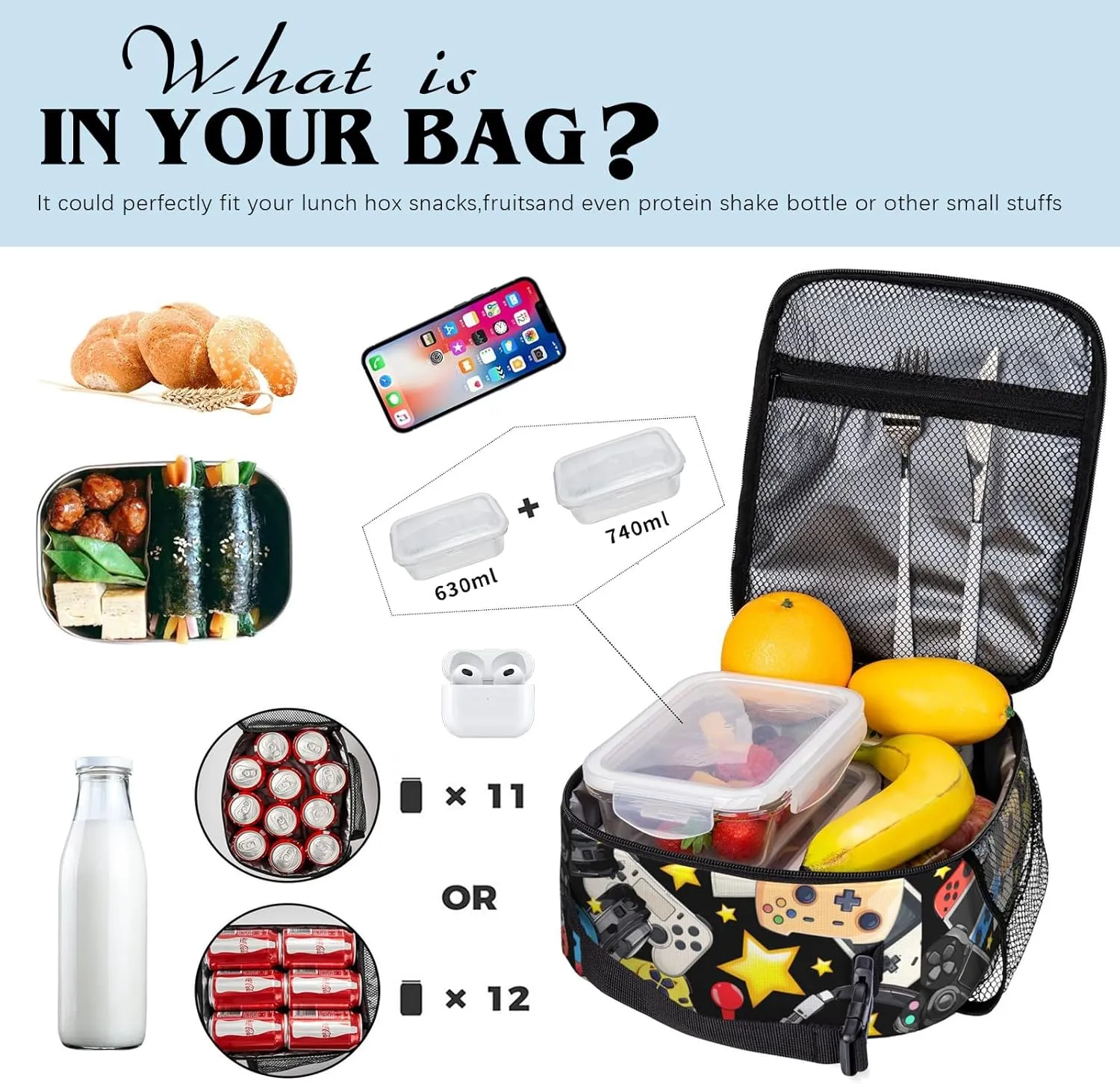 Kids Lunch Box For Boys Girls Reusable Gaming Lunch Bag Video Game Insulated Portable Lunch Boxes With Adjustable Shoulder Strap For School Picnic Hiking Work Lunchbox
