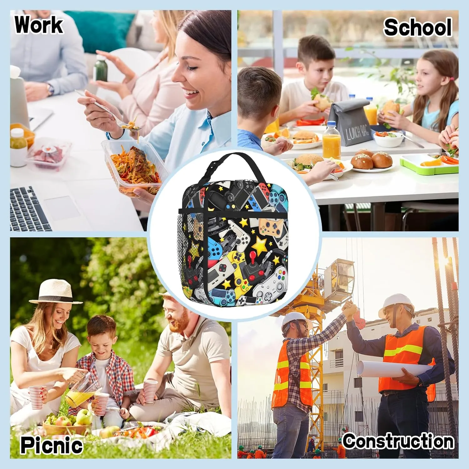 Kids Lunch Box For Boys Girls Reusable Gaming Lunch Bag Video Game Insulated Portable Lunch Boxes With Adjustable Shoulder Strap For School Picnic Hiking Work Lunchbox