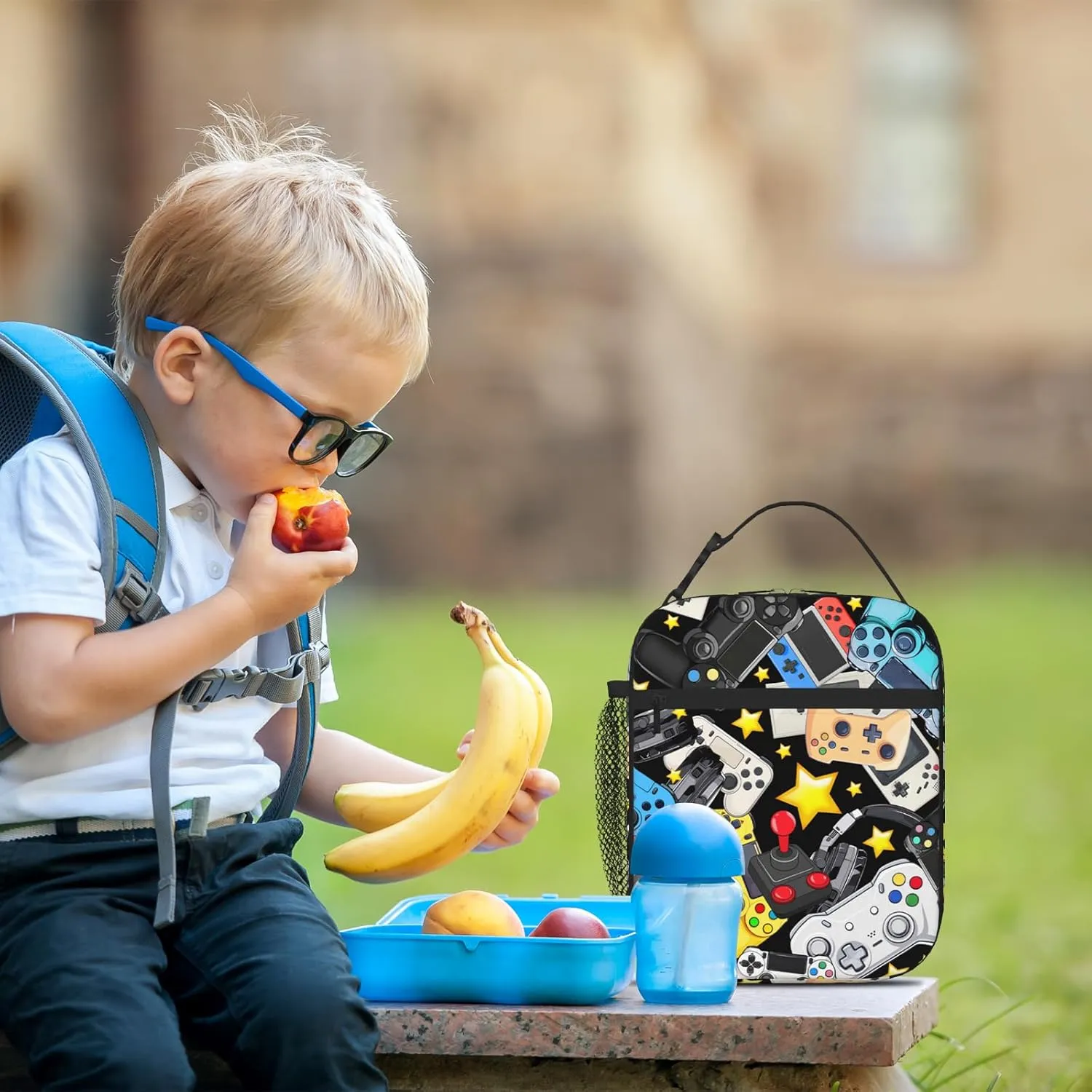 Kids Lunch Box For Boys Girls Reusable Gaming Lunch Bag Video Game Insulated Portable Lunch Boxes With Adjustable Shoulder Strap For School Picnic Hiking Work Lunchbox