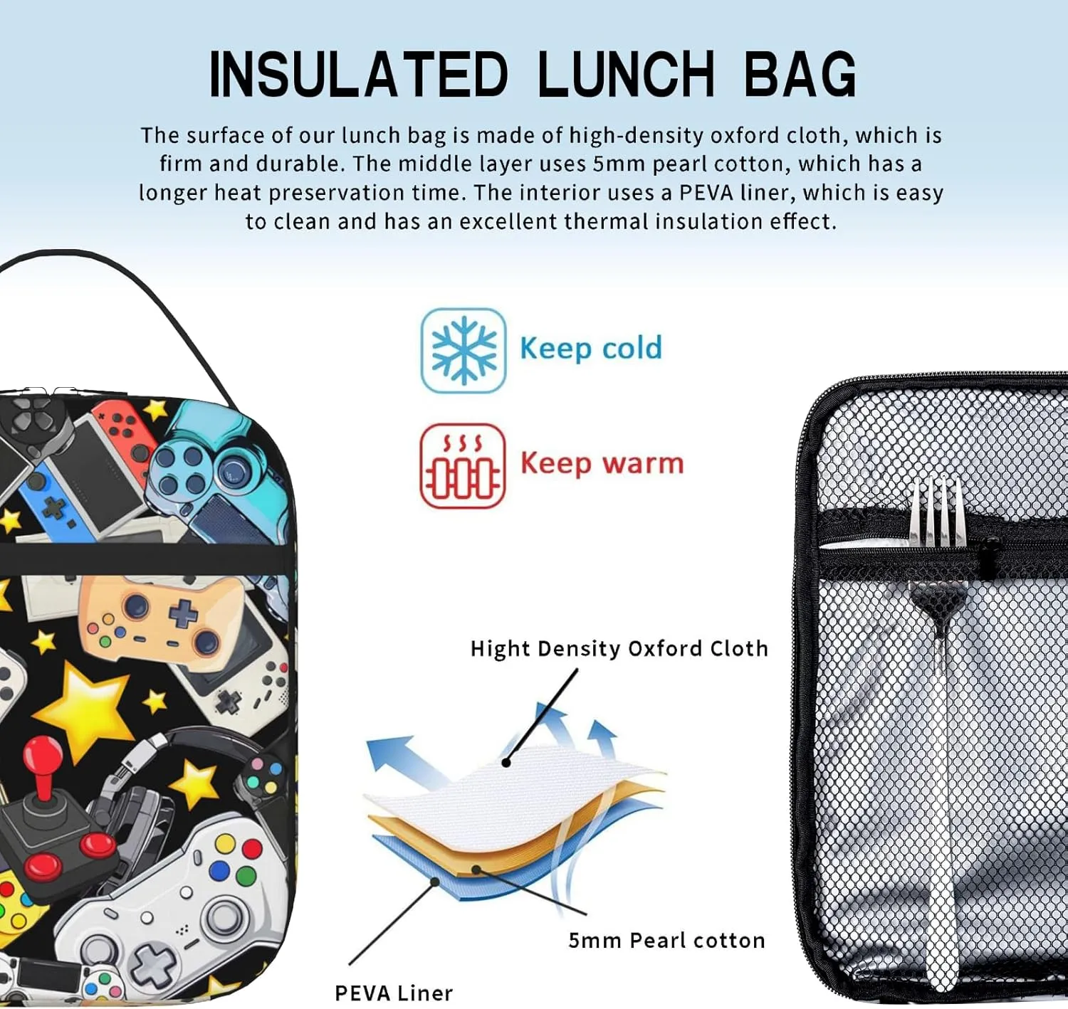 Kids Lunch Box For Boys Girls Reusable Gaming Lunch Bag Video Game Insulated Portable Lunch Boxes With Adjustable Shoulder Strap For School Picnic Hiking Work Lunchbox