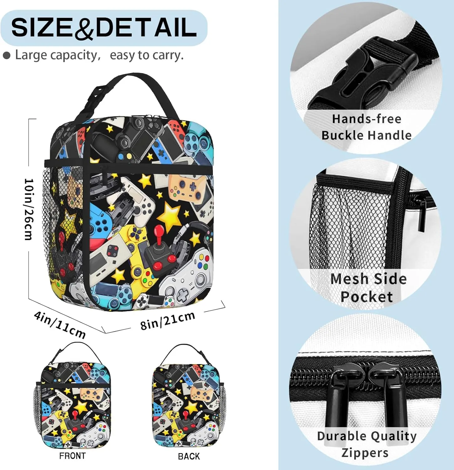 Kids Lunch Box For Boys Girls Reusable Gaming Lunch Bag Video Game Insulated Portable Lunch Boxes With Adjustable Shoulder Strap For School Picnic Hiking Work Lunchbox