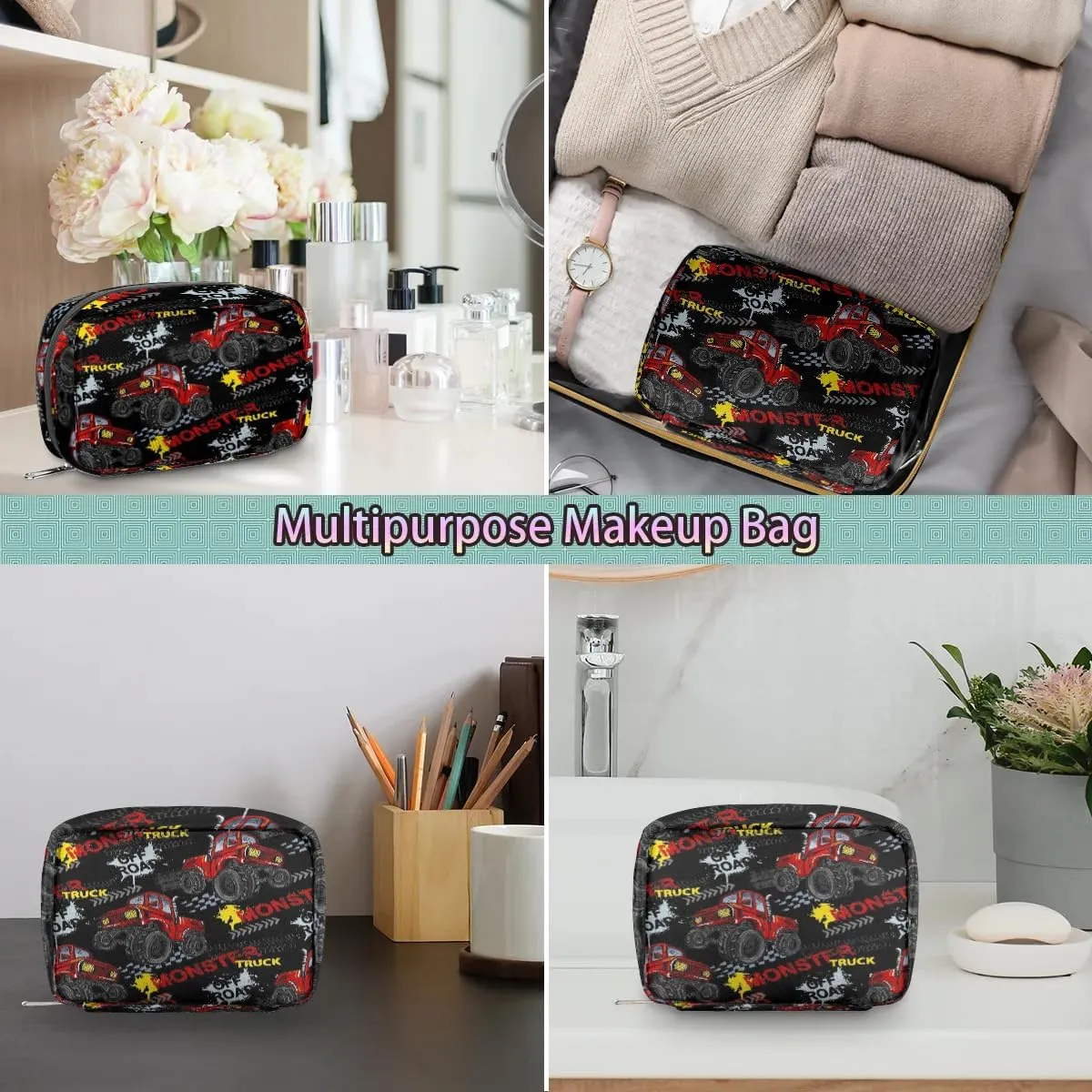 Kids Toiletry Bag for Boys, Cute Small Red Monster Car Trucks Wash Bag for Little Young Boys Waterproof Cosmetic Weekender Bag Toddler Traveling Toiletries