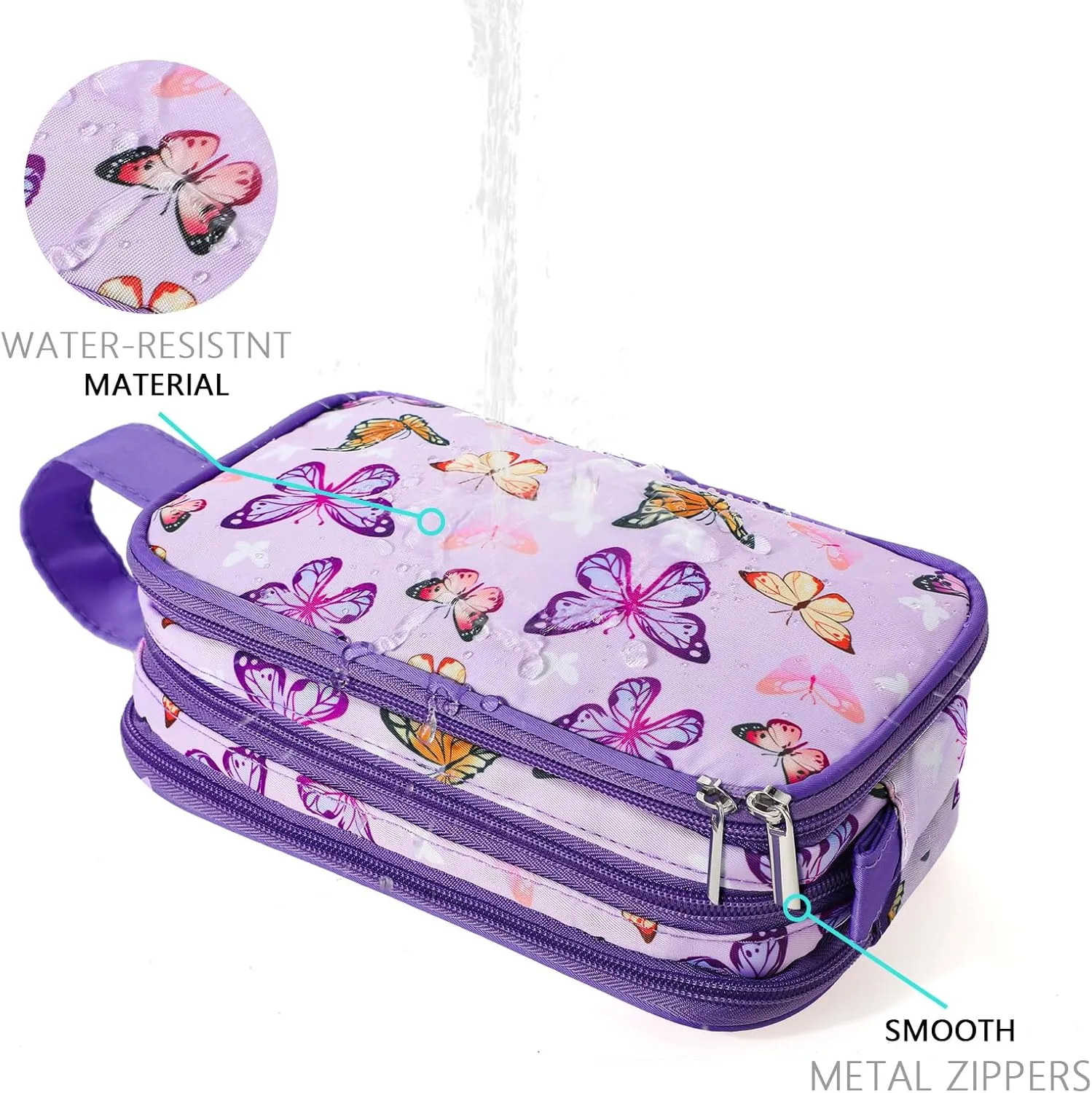 Kids Toiletry Bag for Girls, Travel Toiletry Bag for Little Young Girls Cosmetic Bag Makeup Bag Waterproof Hanging Wash Bag Toddler Toiletries, Butterfly Purple