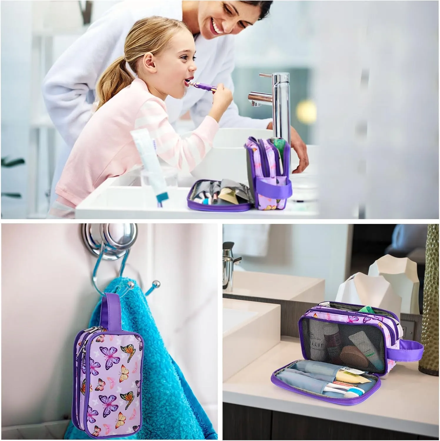 Kids Toiletry Bag for Girls, Travel Toiletry Bag for Little Young Girls Cosmetic Bag Makeup Bag Waterproof Hanging Wash Bag Toddler Toiletries, Butterfly Purple