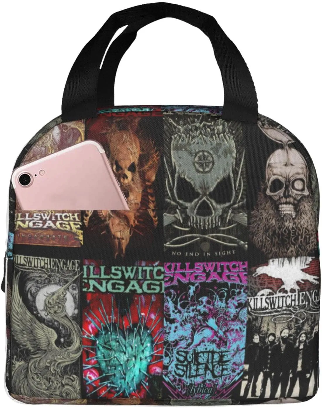 Killswitch Rock Band Engage Insulated Lunch Bag Reusable Lunch Tote Bag Lunch Organizer Meal Holder with Front Pocket Stylish Handbag Lunch Zipper Cooler Bag for Office