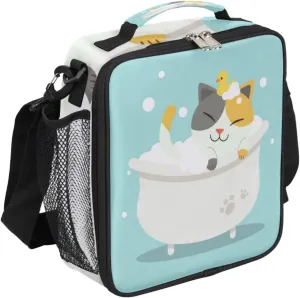 Kitten In The Bath Lunch Bag With Shoulder Strap and Mesh PocketsCartoon Kitten Reusable Insulated Lunch box Cooler Bag for Women Men Office Outdoor Work Picnic